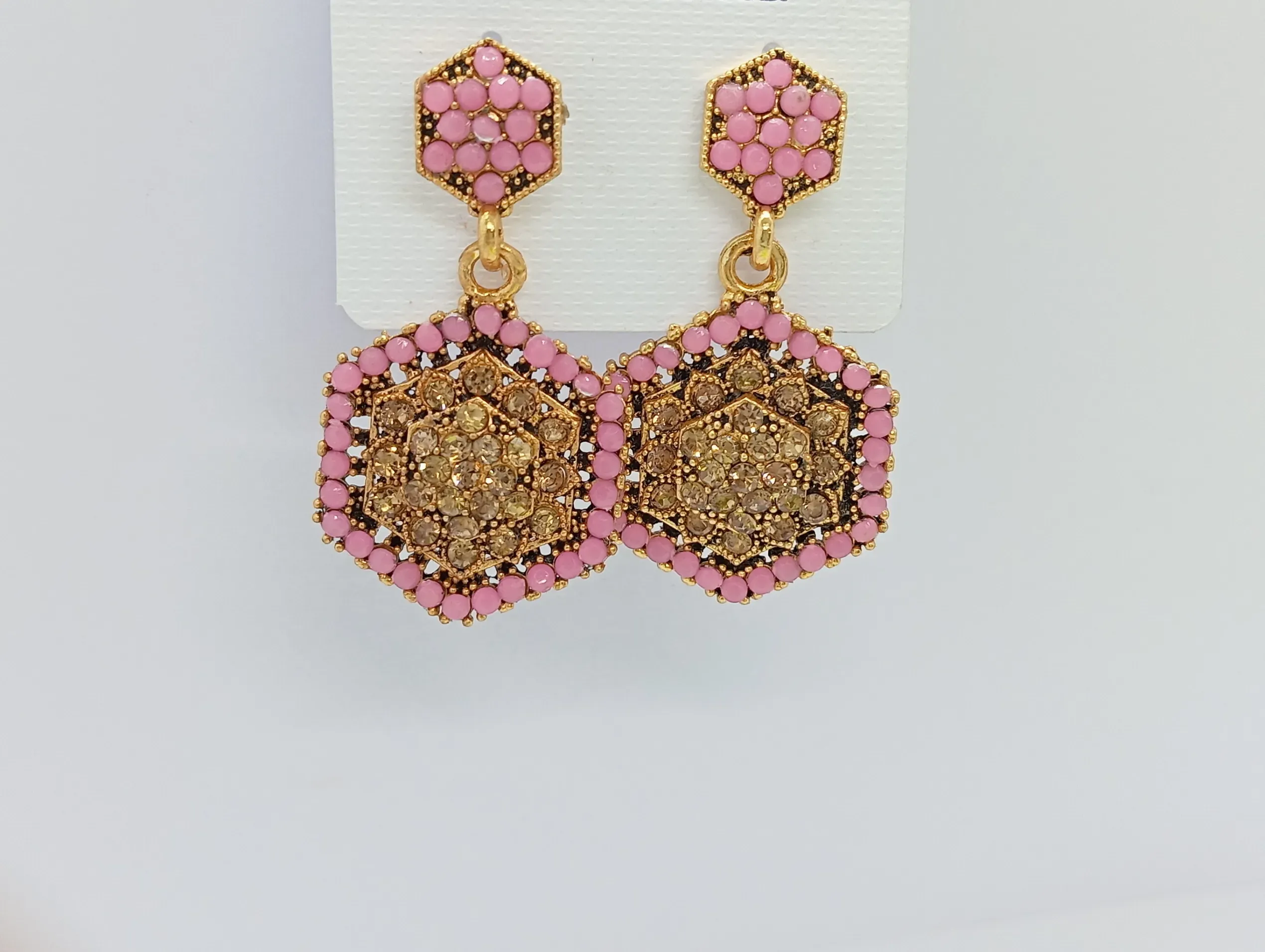 Pink & Gold Hexagon Stud Earrings with Crystal Center for Women