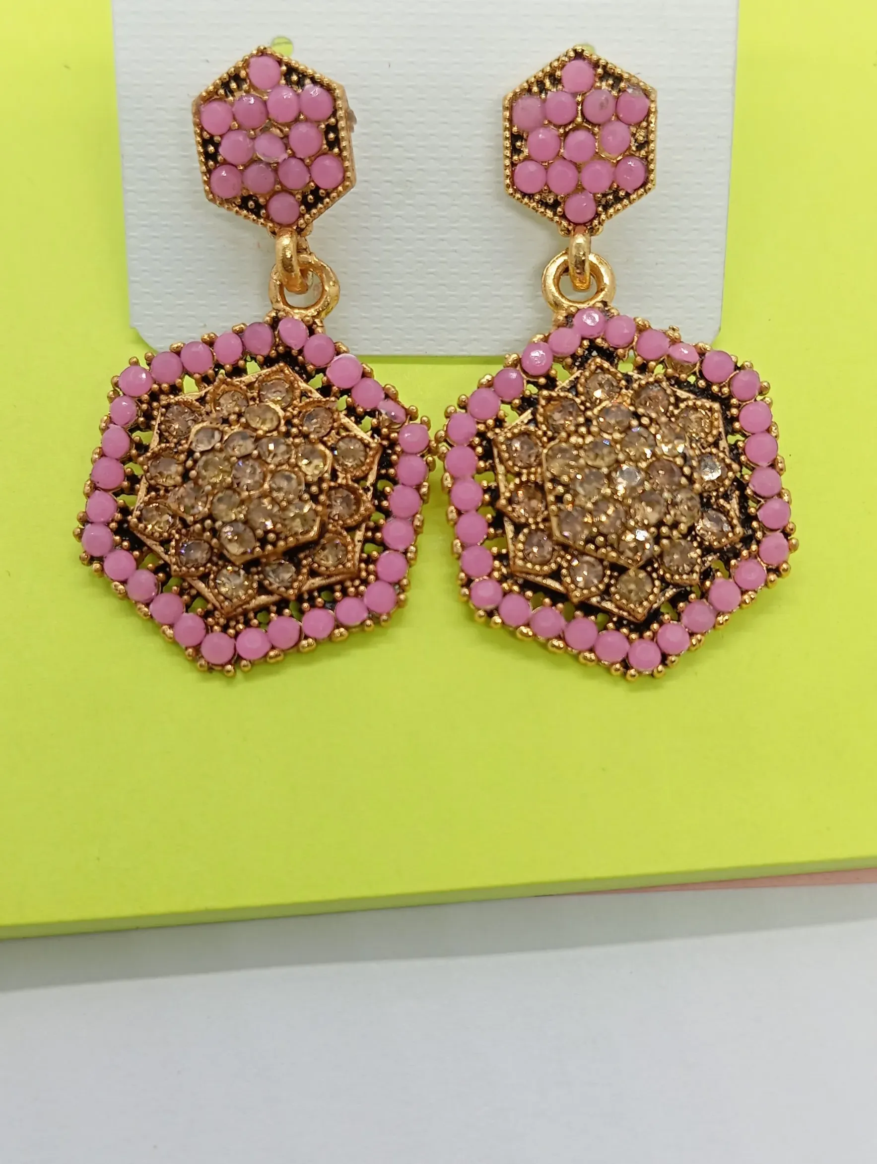 Pink & Gold Hexagon Stud Earrings with Crystal Center for Women