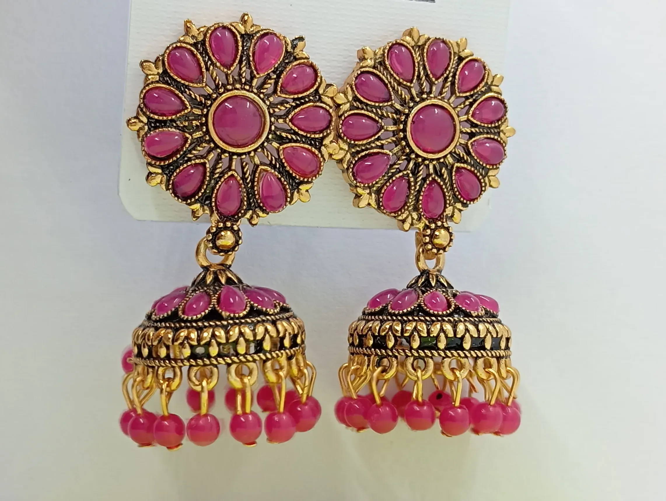 Antique Gold Round Floral Jhumka Earrings with Pink Beads for Women
