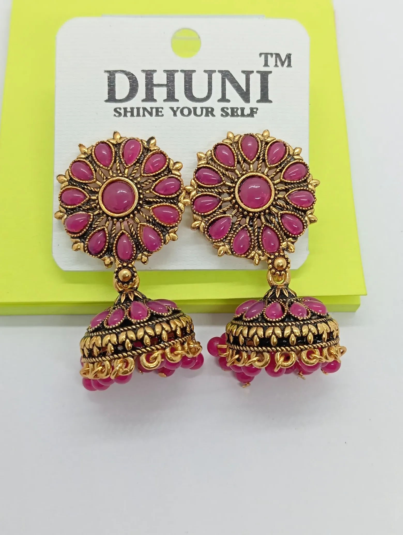 Antique Gold Round Floral Jhumka Earrings with Pink Beads for Women