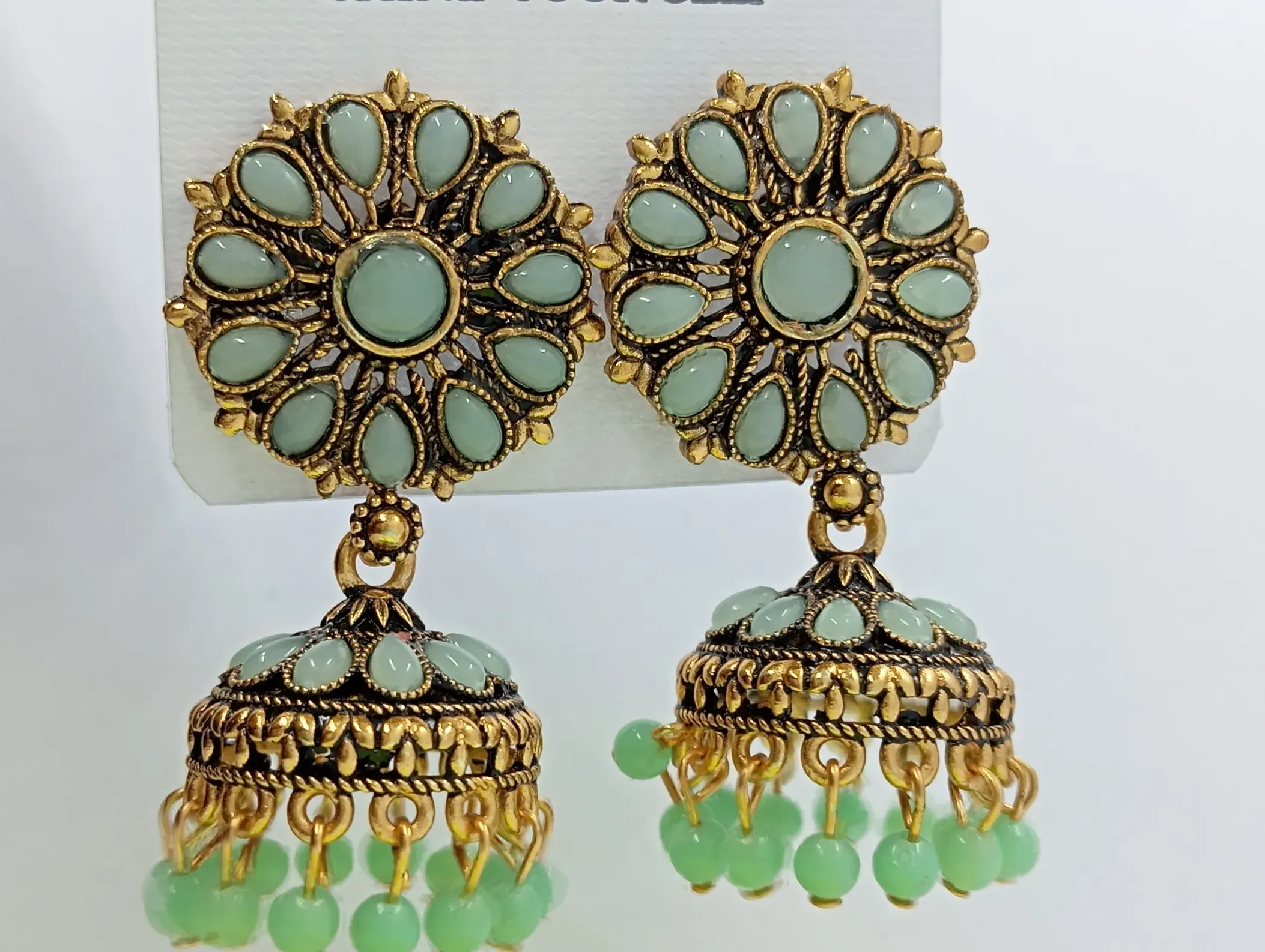 Antique Gold Round Floral Jhumka Earrings with Mint Green Beads for Women