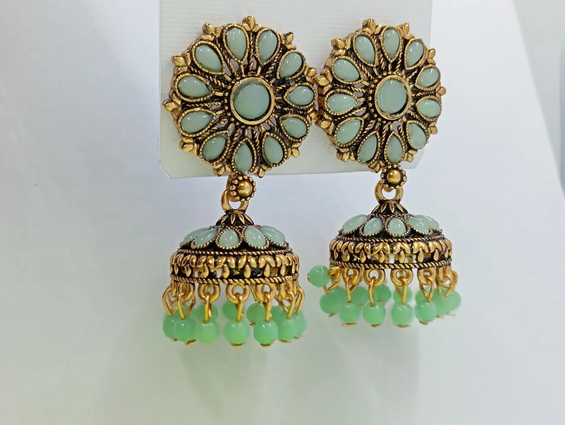 Antique Gold Round Floral Jhumka Earrings with Mint Green Beads for Women