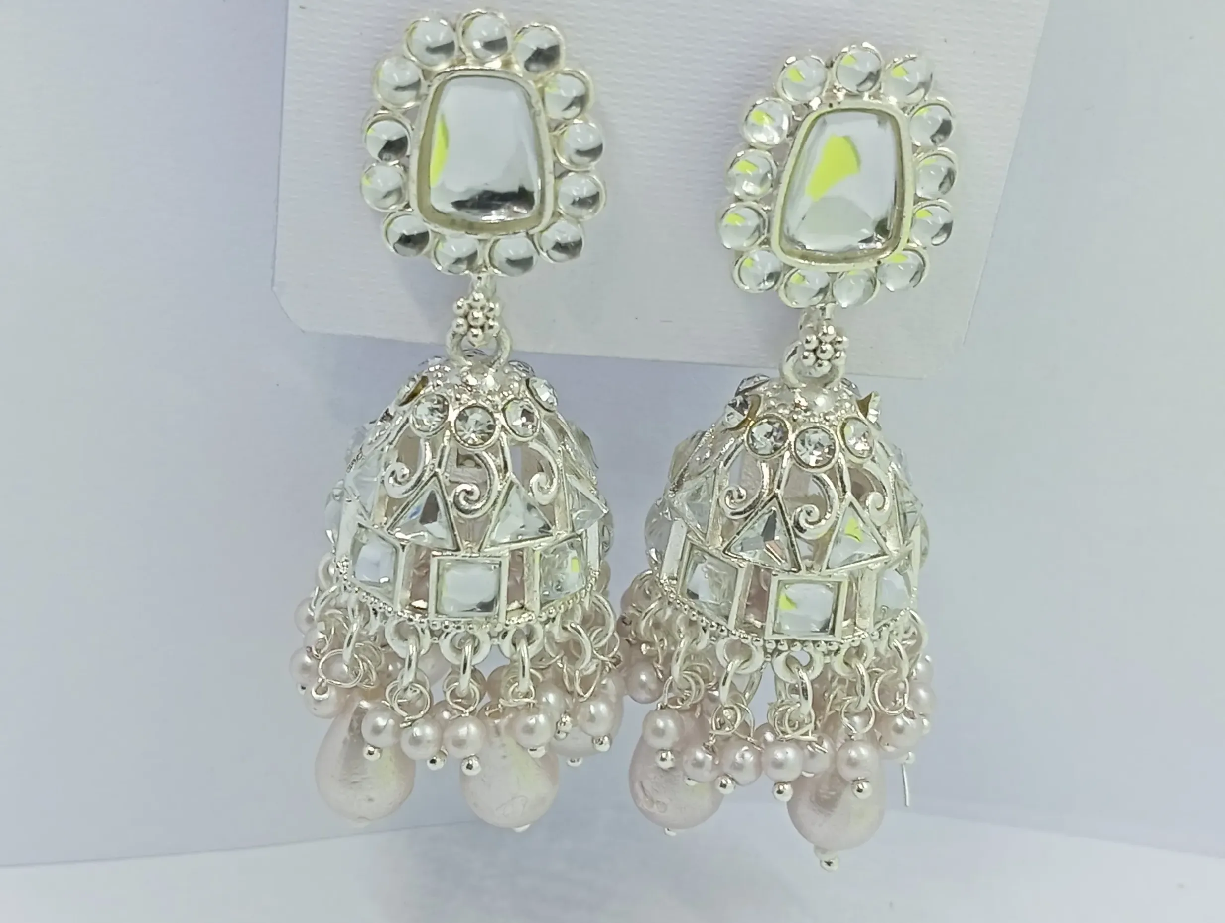 Silver Mirror Work Jhumka Earrings with Pearl Drops for Women