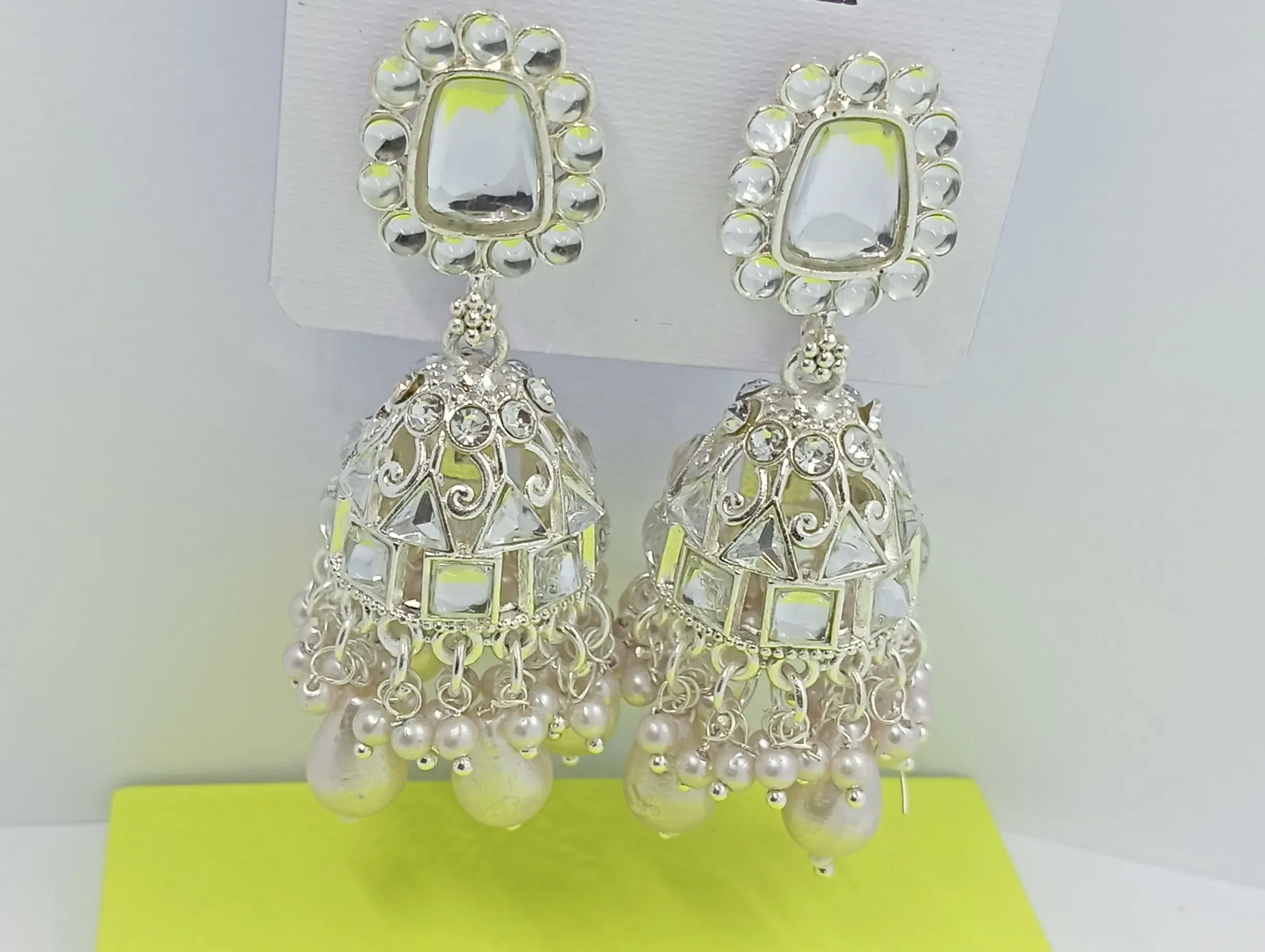 Silver Mirror Work Jhumka Earrings with Pearl Drops for Women