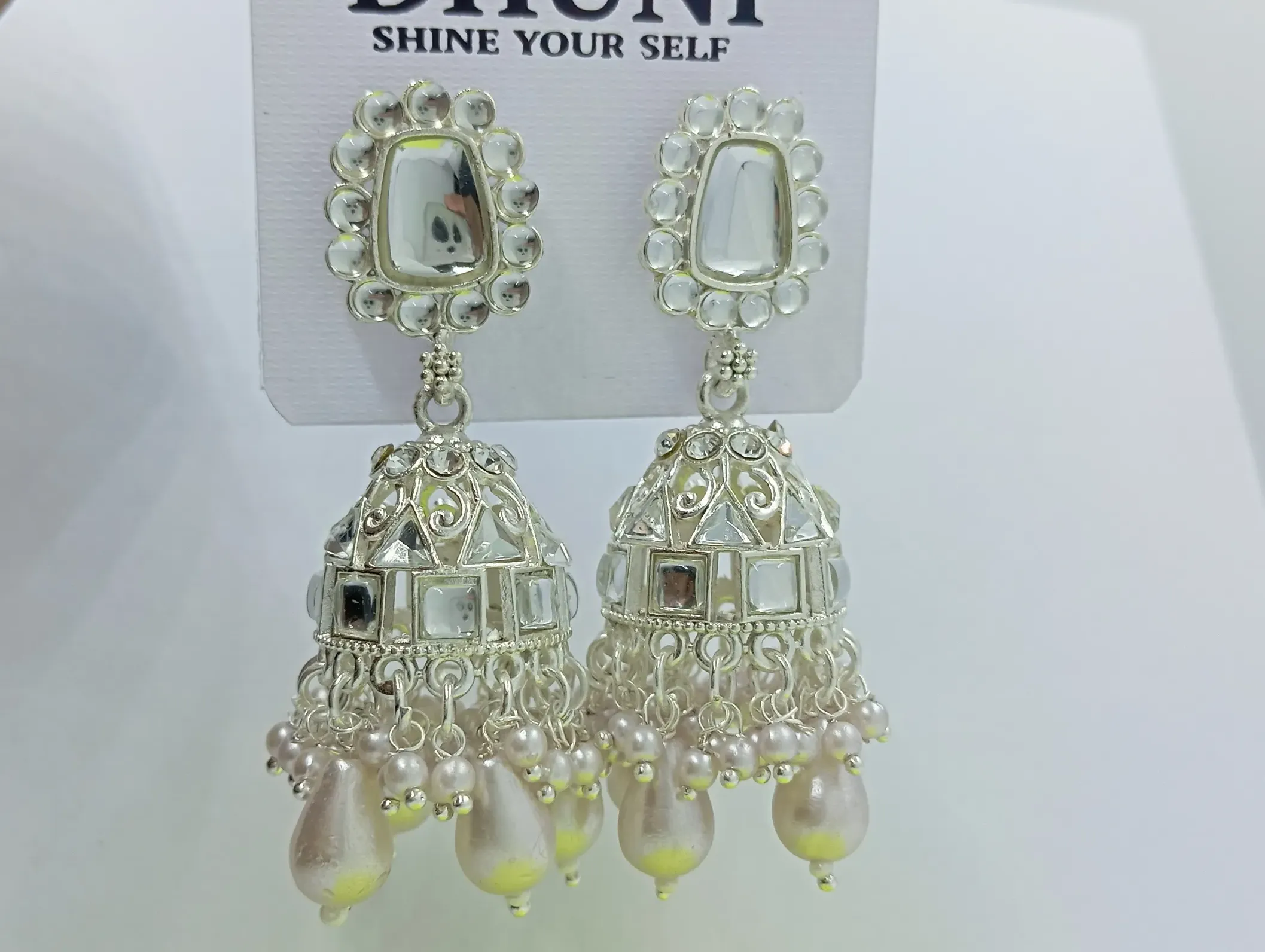 Silver Mirror Work Jhumka Earrings with Pearl Drops for Women