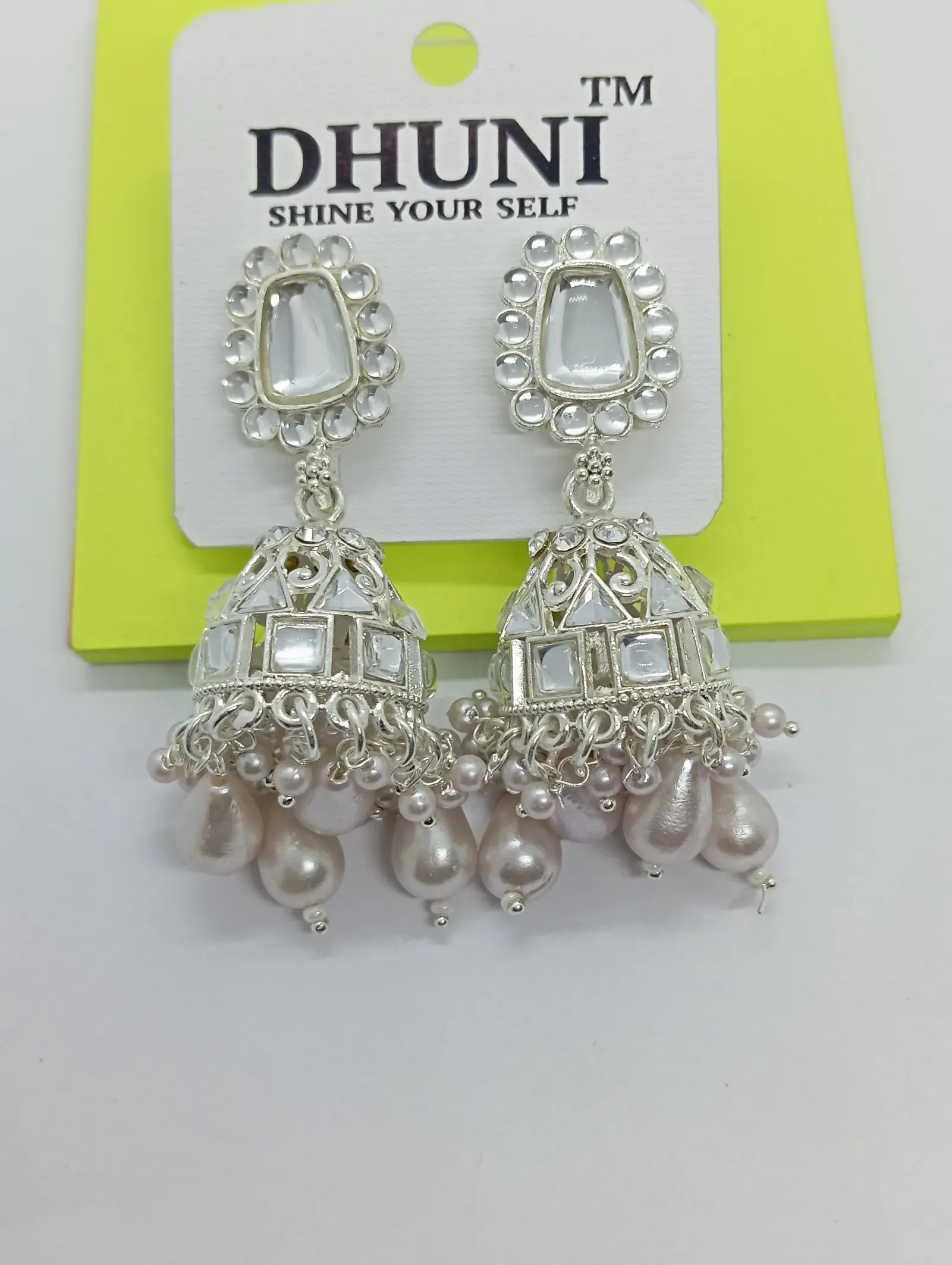 Silver Mirror Work Jhumka Earrings with Pearl Drops for Women