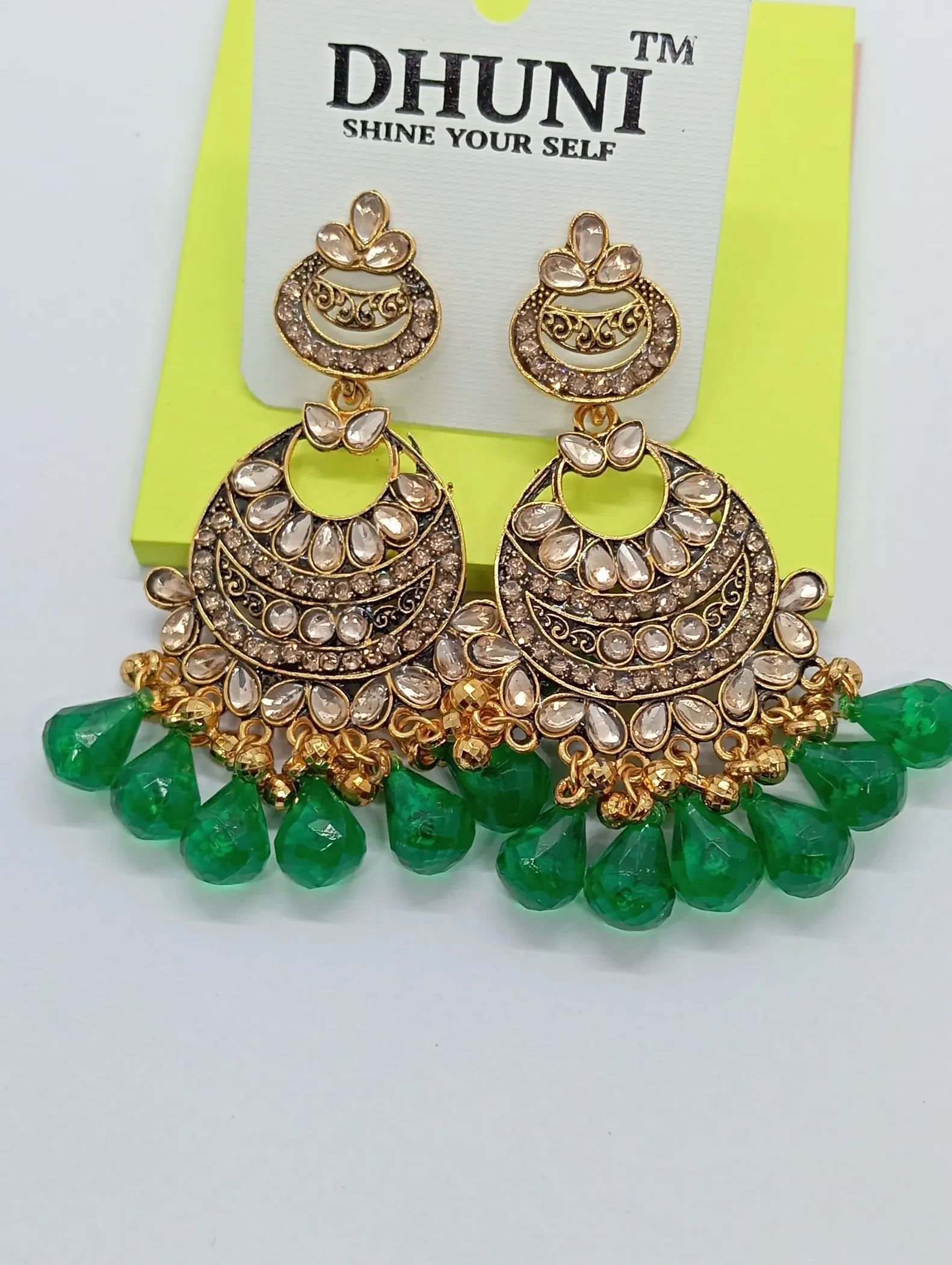  Kundan Style Gold Chandbali Earrings with Green Bead Drops for Women