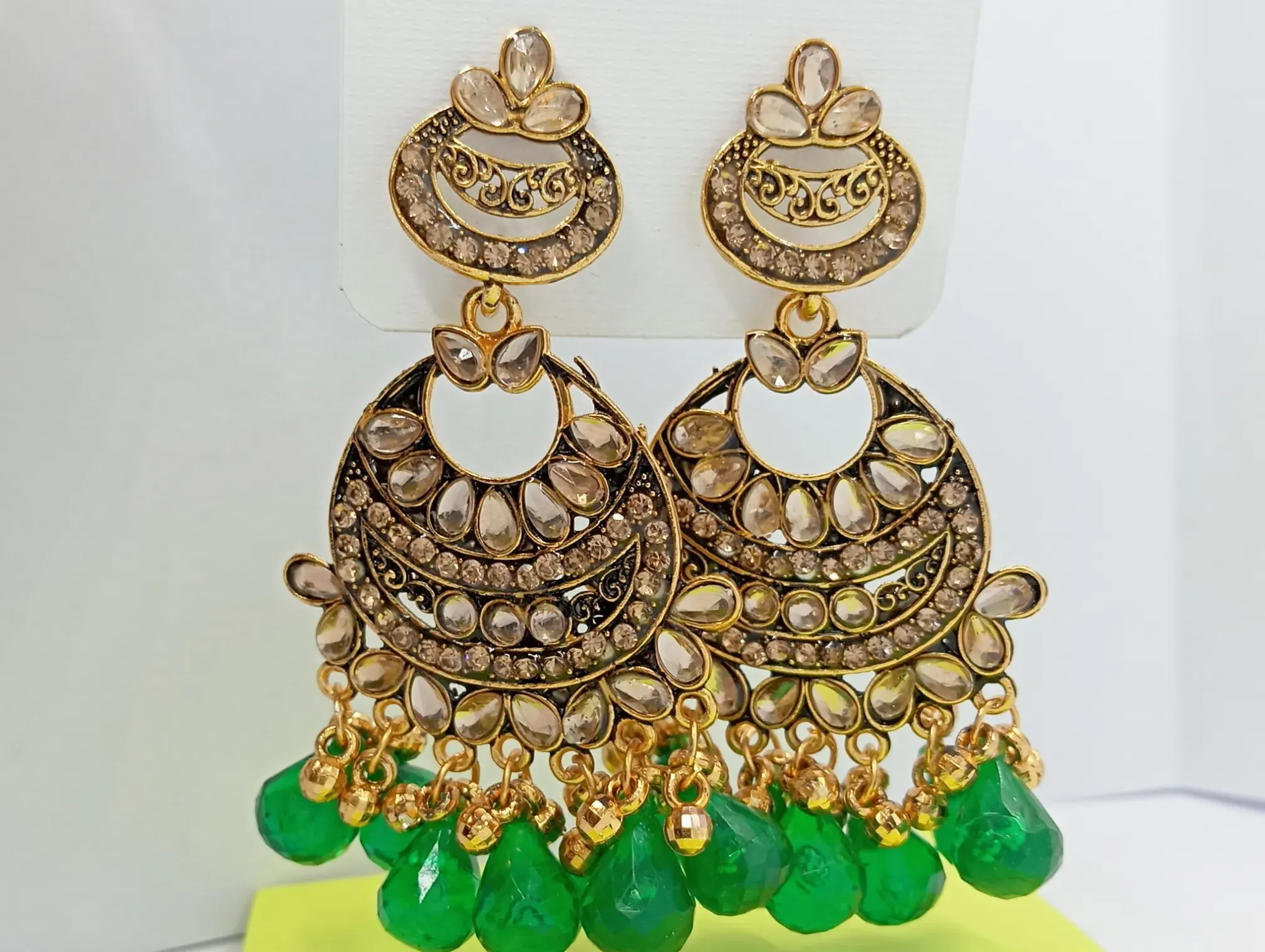  Kundan Style Gold Chandbali Earrings with Green Bead Drops for Women