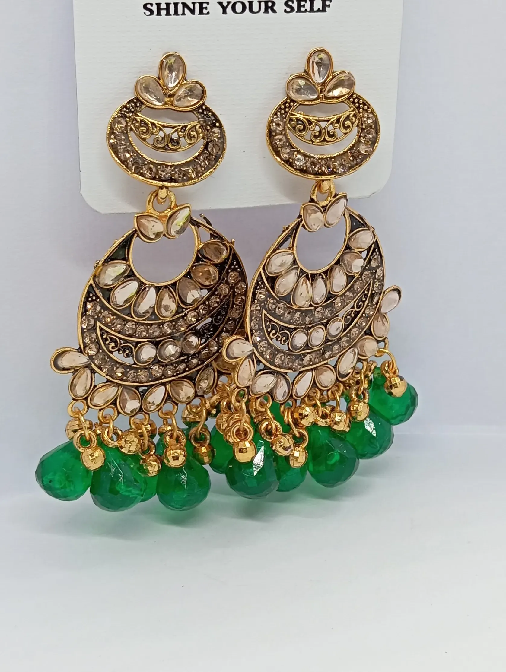  Kundan Style Gold Chandbali Earrings with Green Bead Drops for Women