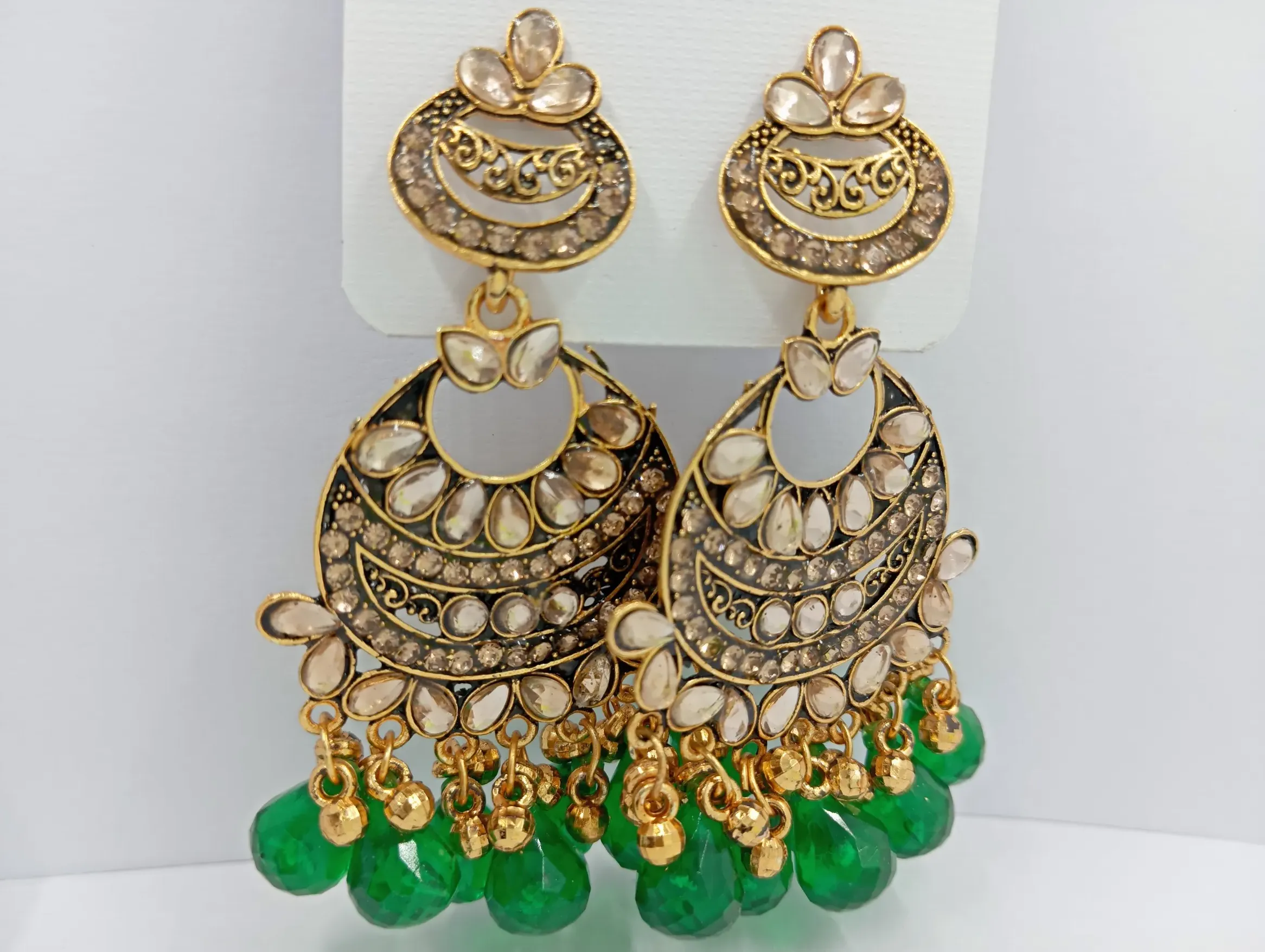 Kundan Style Gold Chandbali Earrings with Green Bead Drops for Women