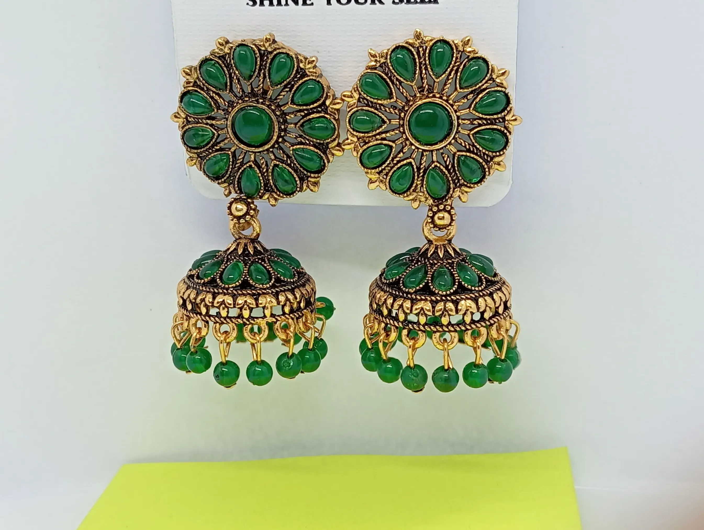 Antique Gold Round Floral Jhumka Earrings with Green Beads for Women