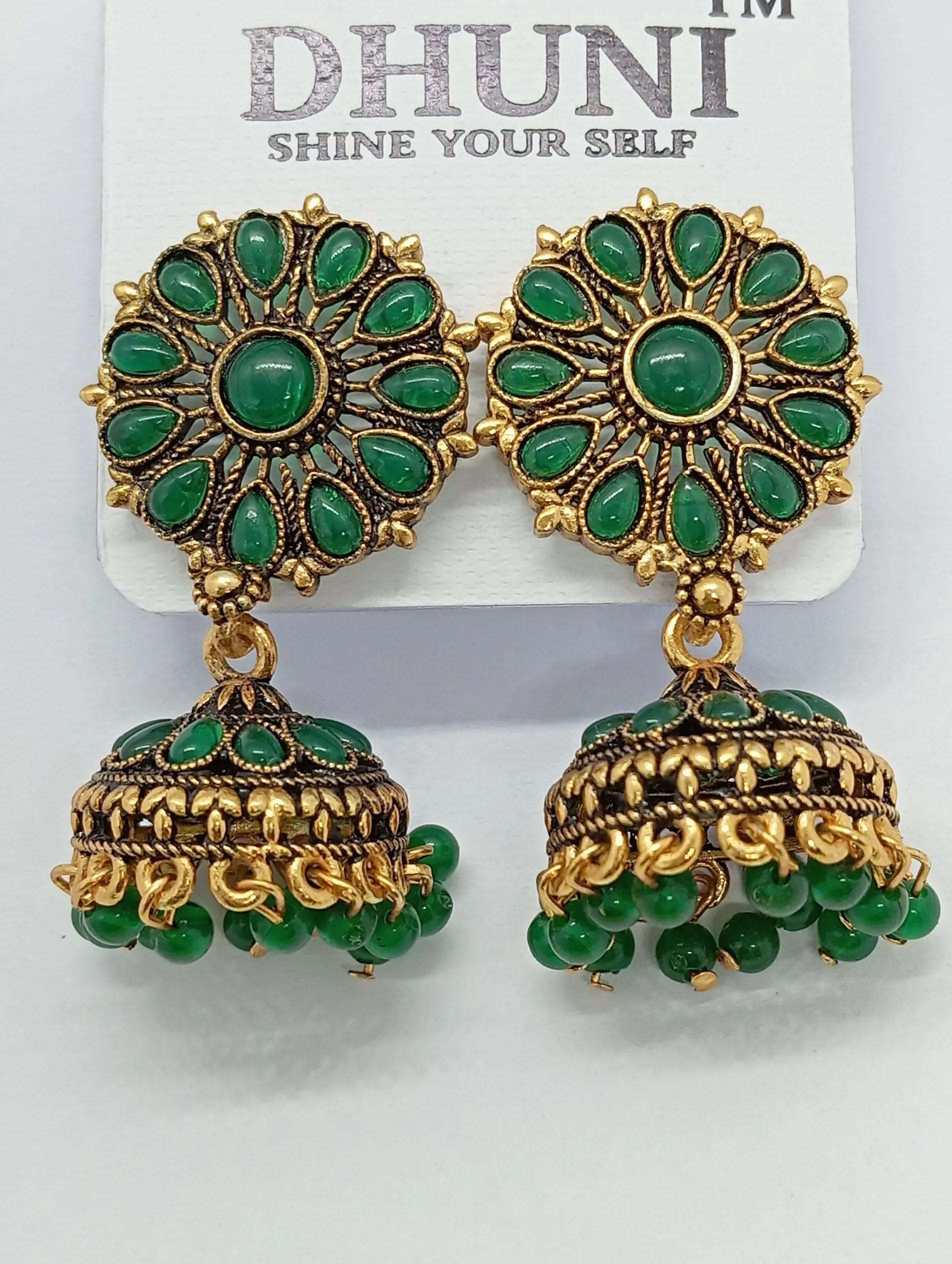 Antique Gold Round Floral Jhumka Earrings with Green Beads for Women