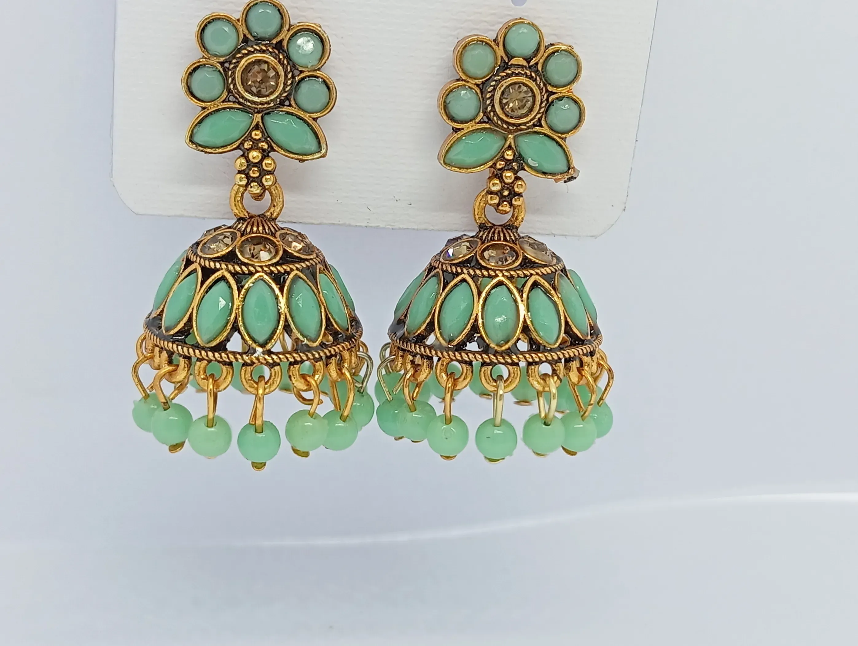 Mint Green Floral Top Antique Gold Jhumka Earrings for Women