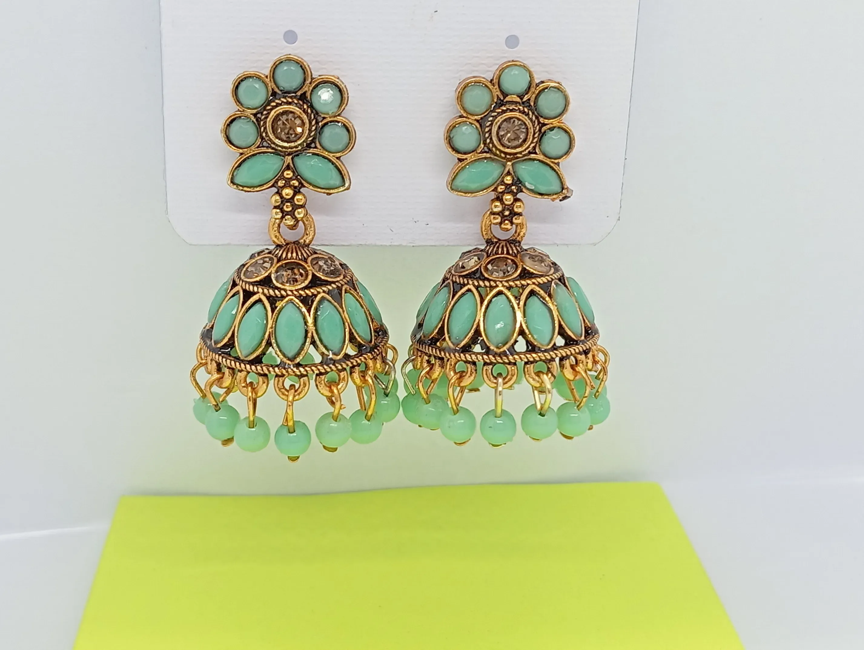 Mint Green Floral Top Antique Gold Jhumka Earrings for Women