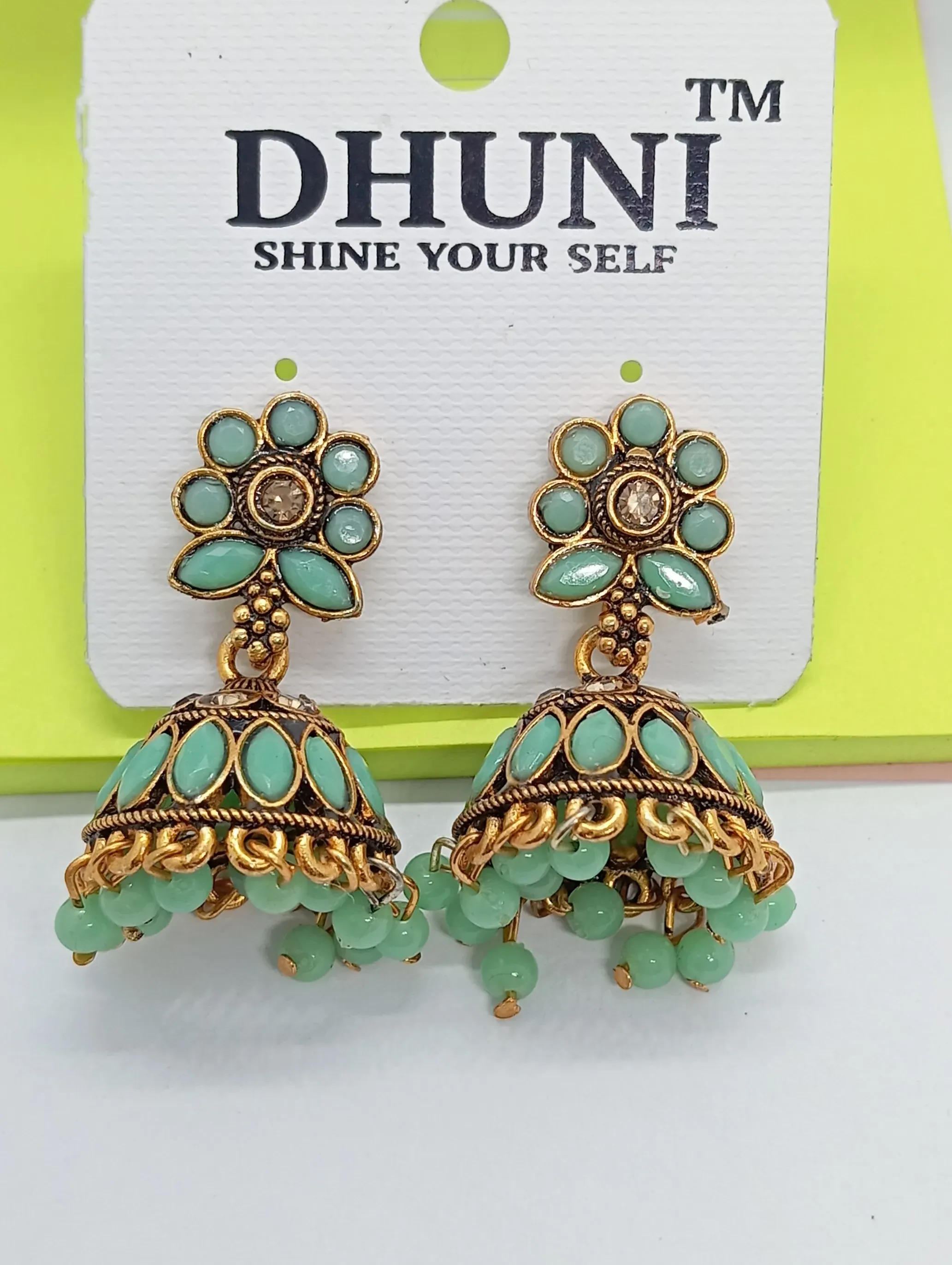 Mint Green Floral Top Antique Gold Jhumka Earrings for Women