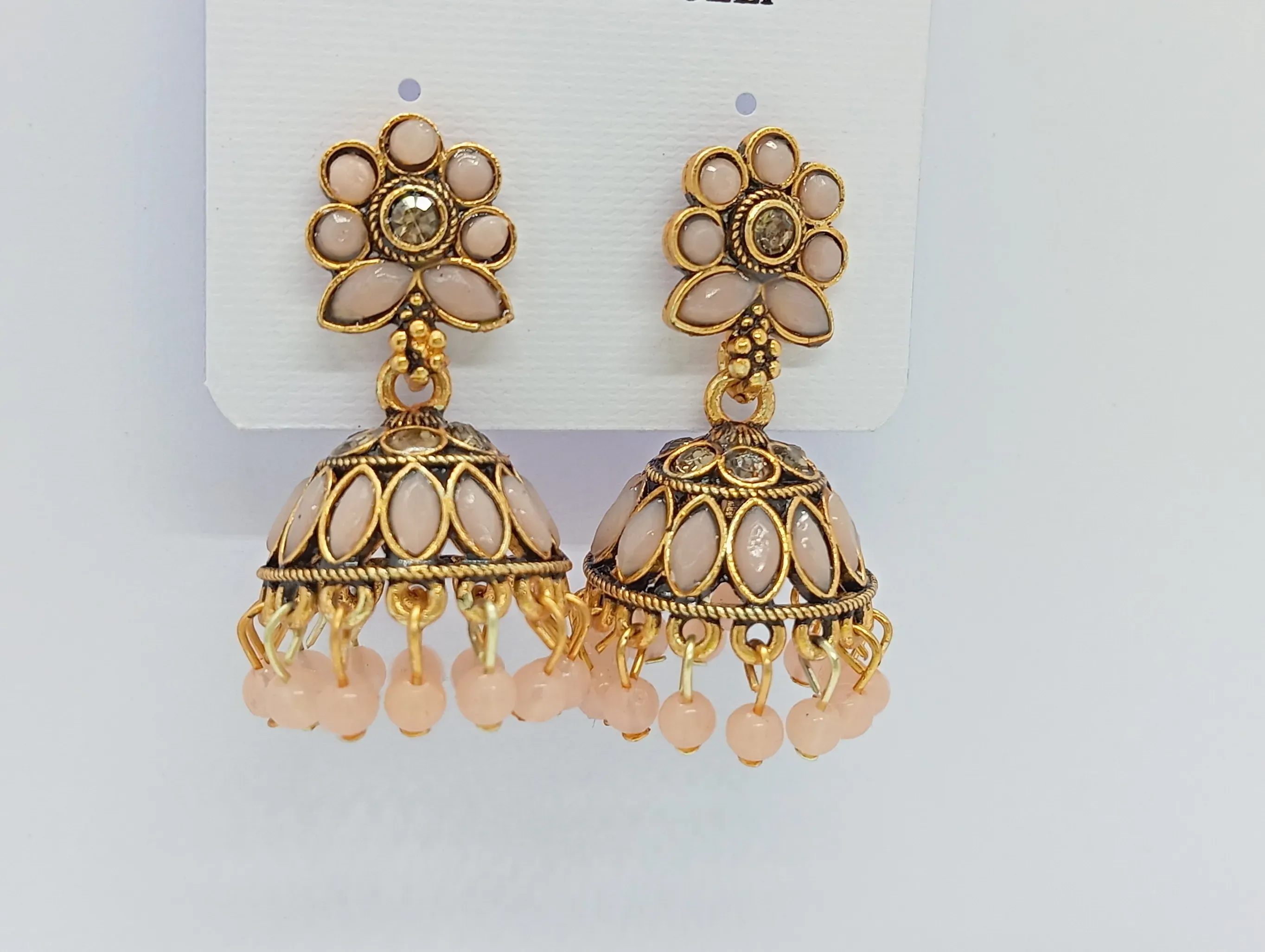 Peach Floral Top Antique Gold Jhumka Earrings for Women