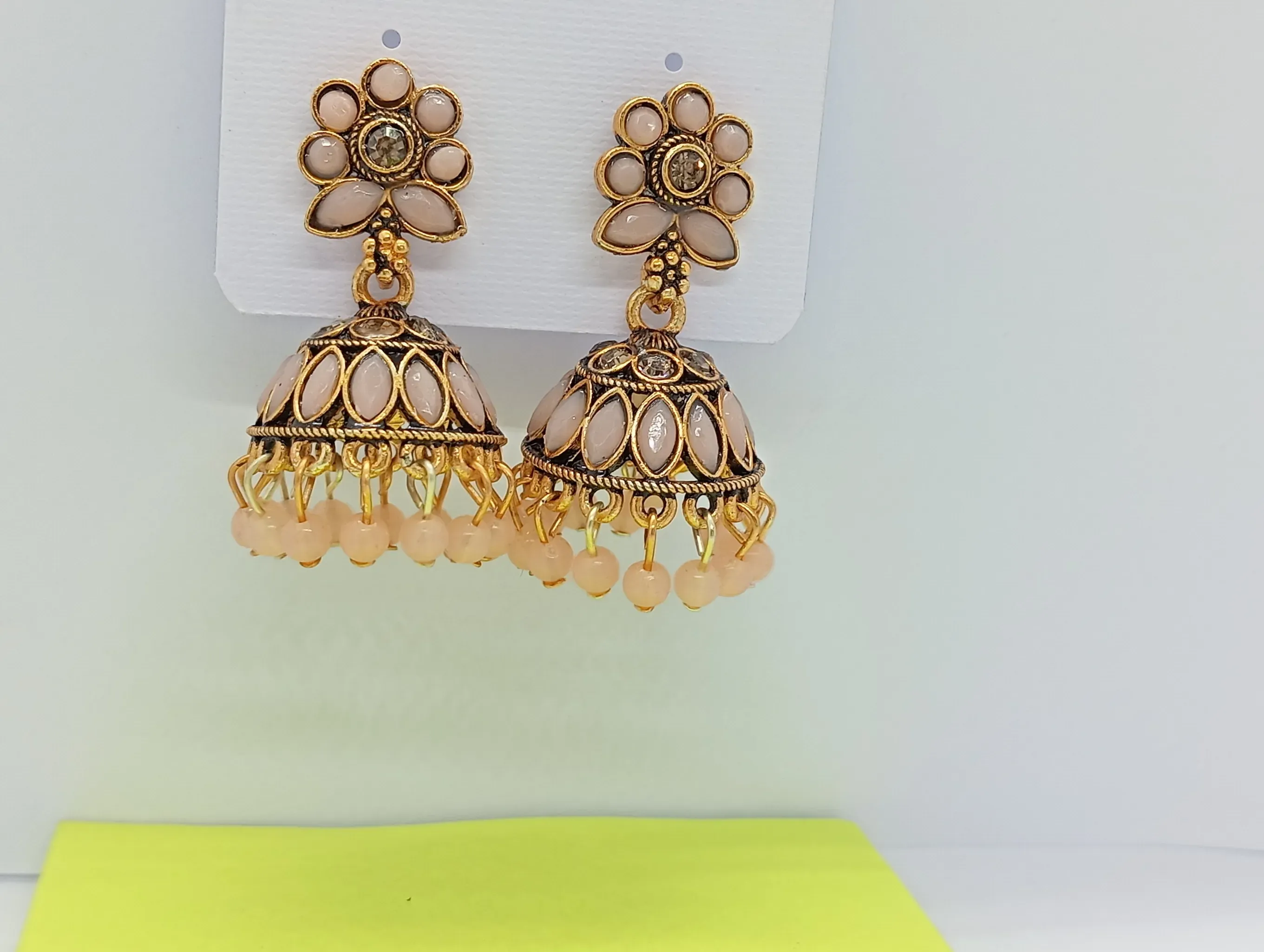 Peach Floral Top Antique Gold Jhumka Earrings for Women