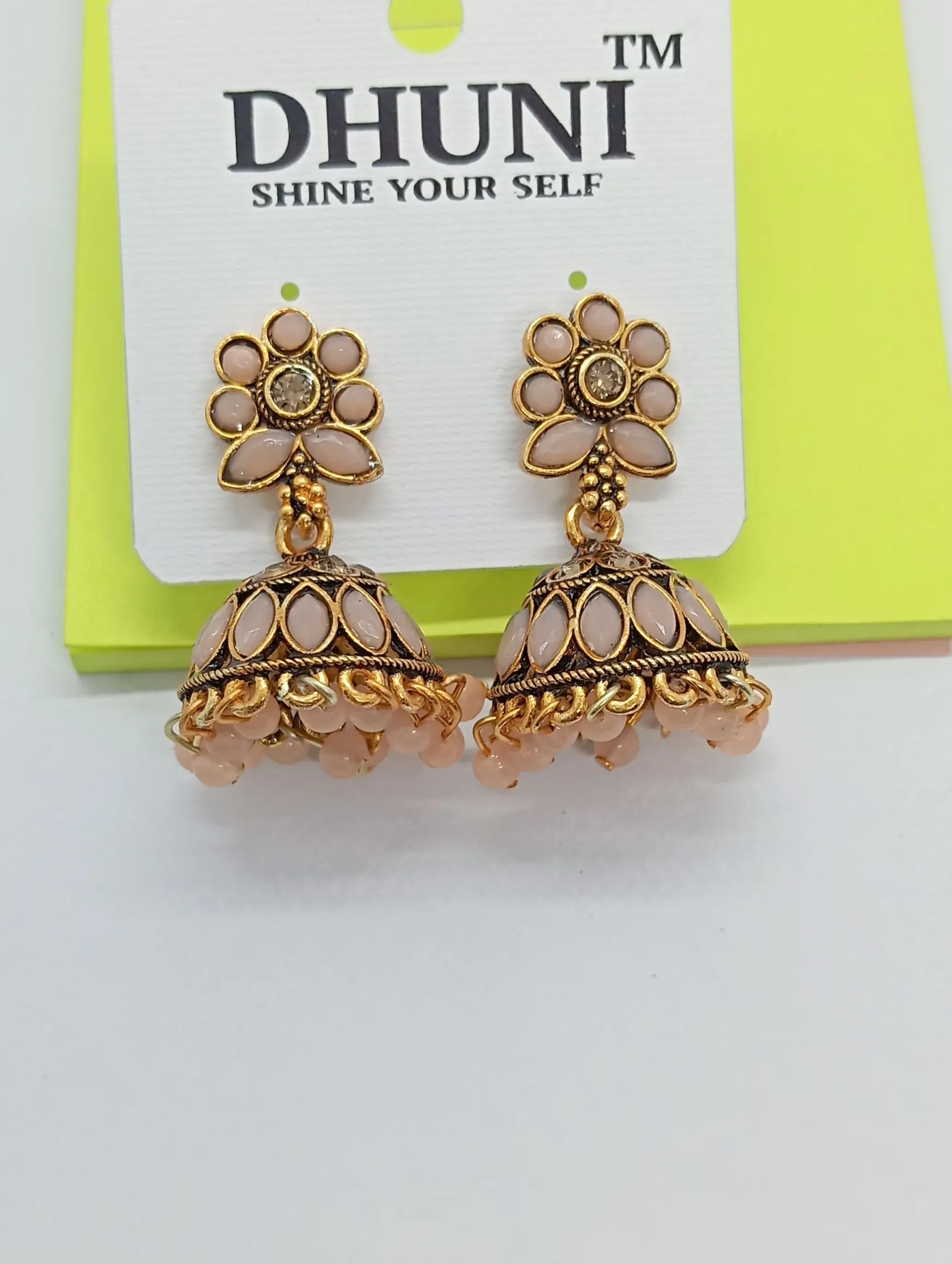 Peach Floral Top Antique Gold Jhumka Earrings for Women