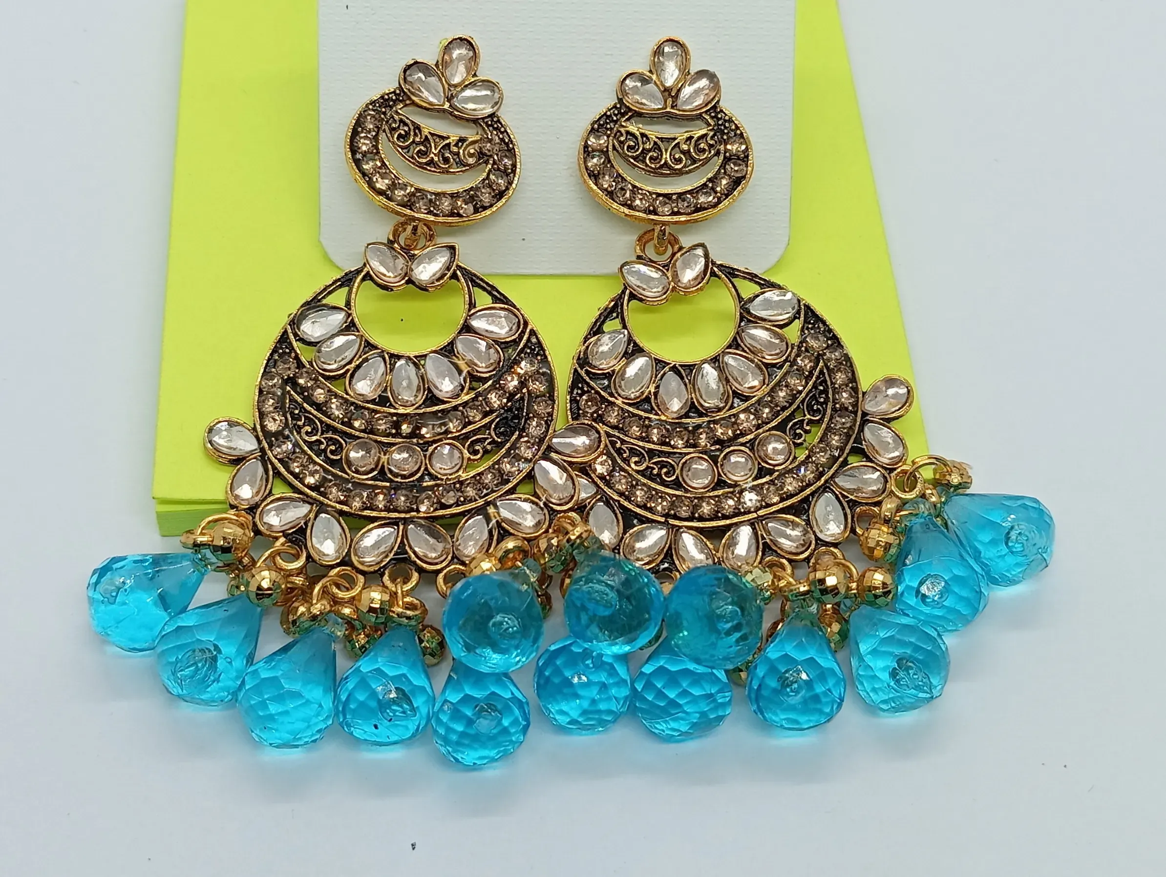 Kundan Style Gold Chandbali Earrings with Sky Blue Bead Drops for Women