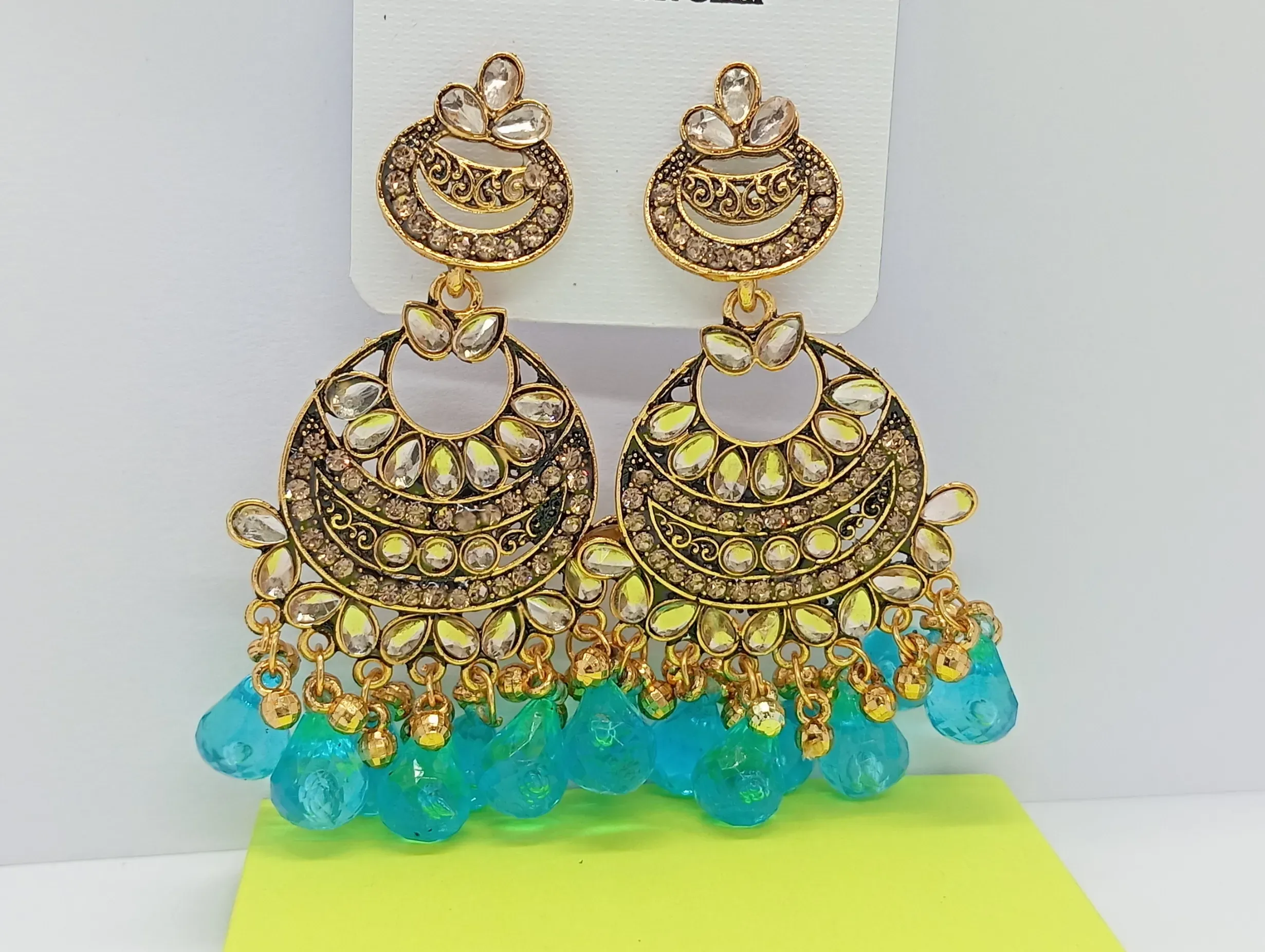 Kundan Style Gold Chandbali Earrings with Sky Blue Bead Drops for Women