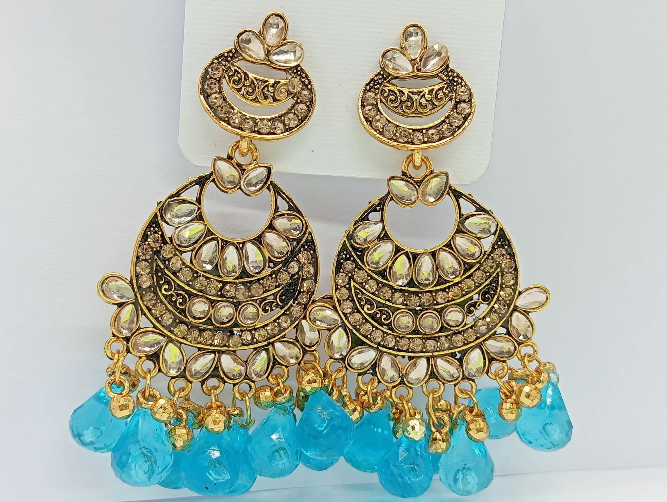 Kundan Style Gold Chandbali Earrings with Sky Blue Bead Drops for Women