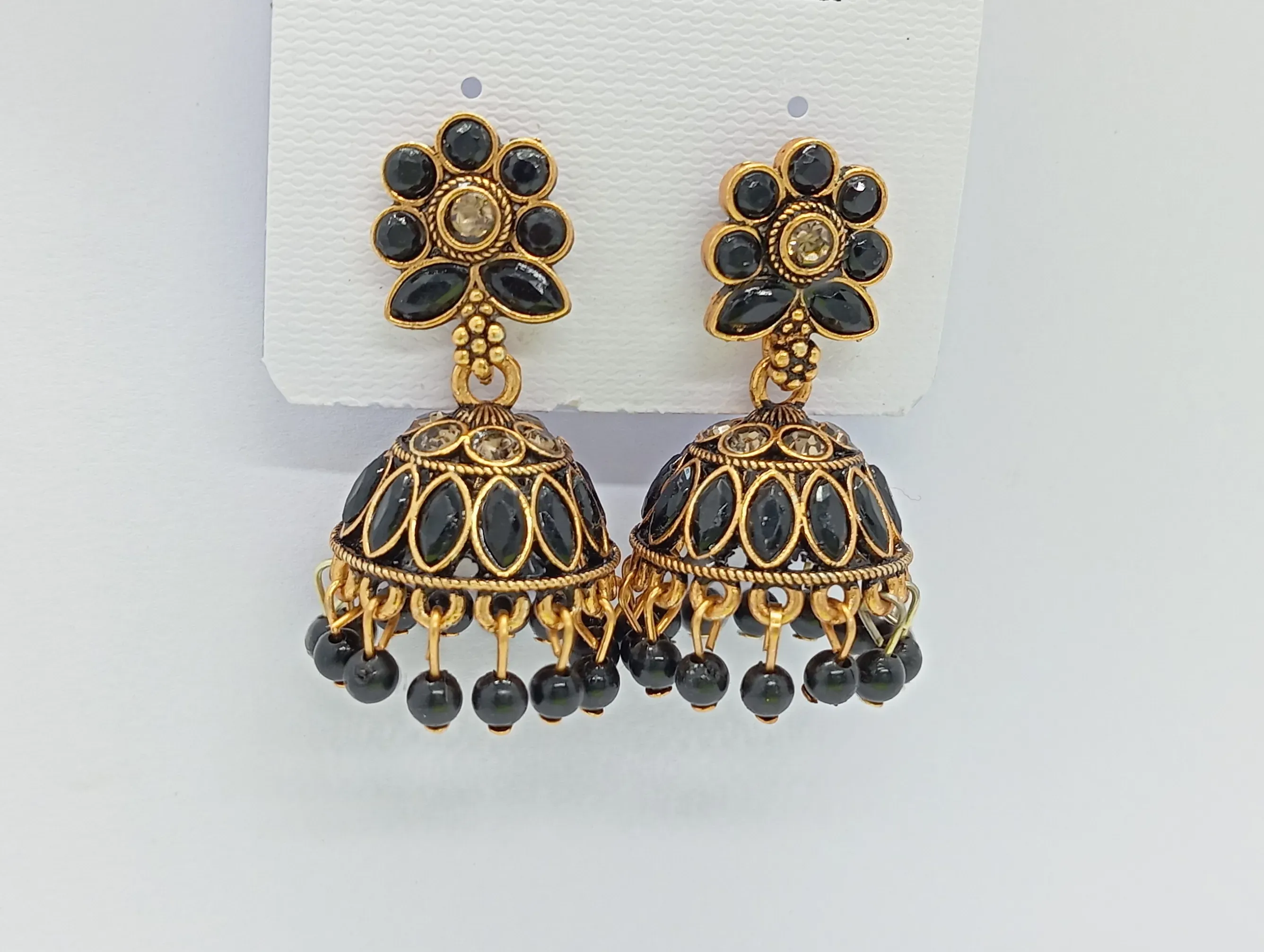 Black Floral Top Antique Gold Jhumka Earrings for Women