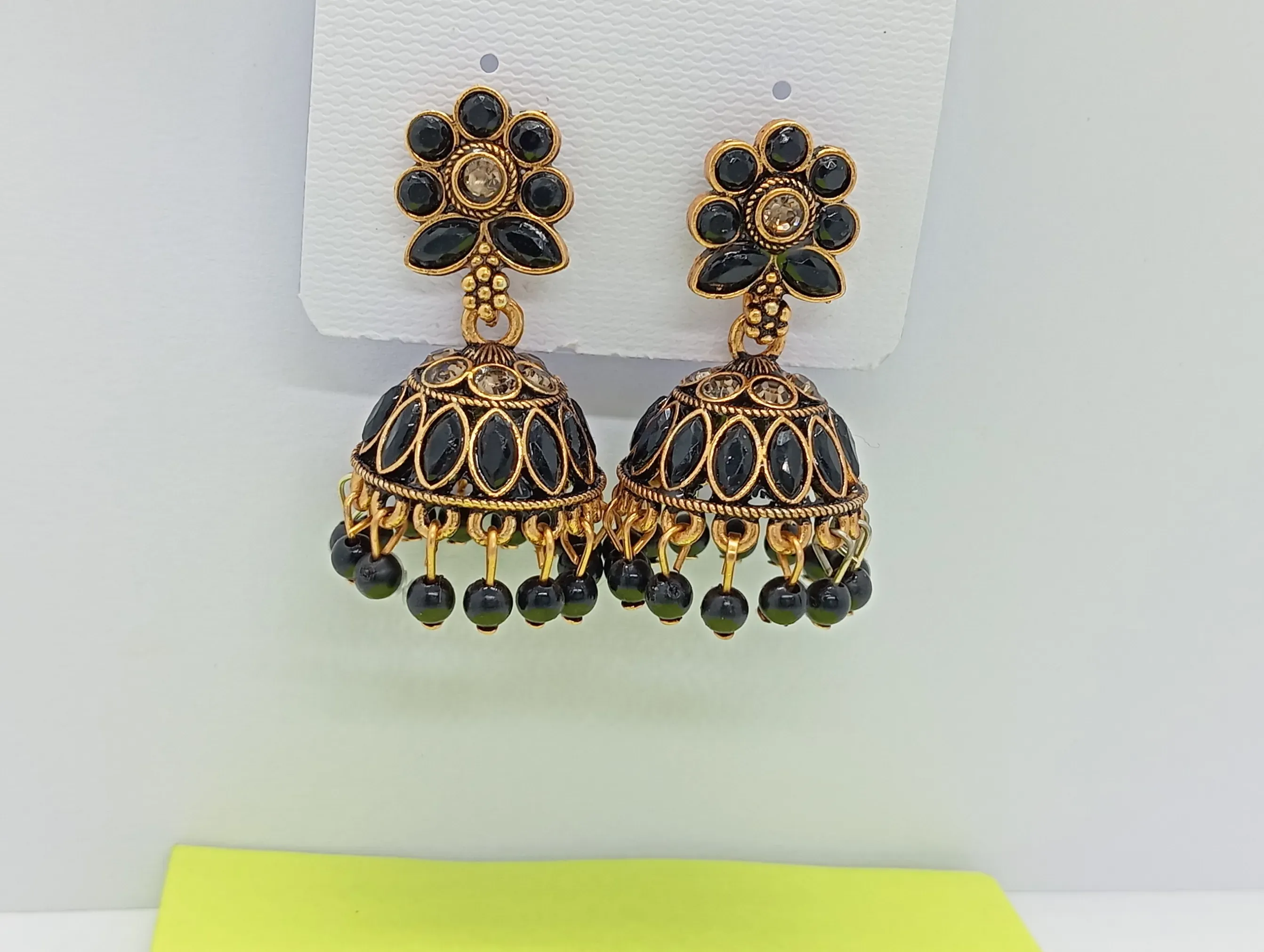 Black Floral Top Antique Gold Jhumka Earrings for Women