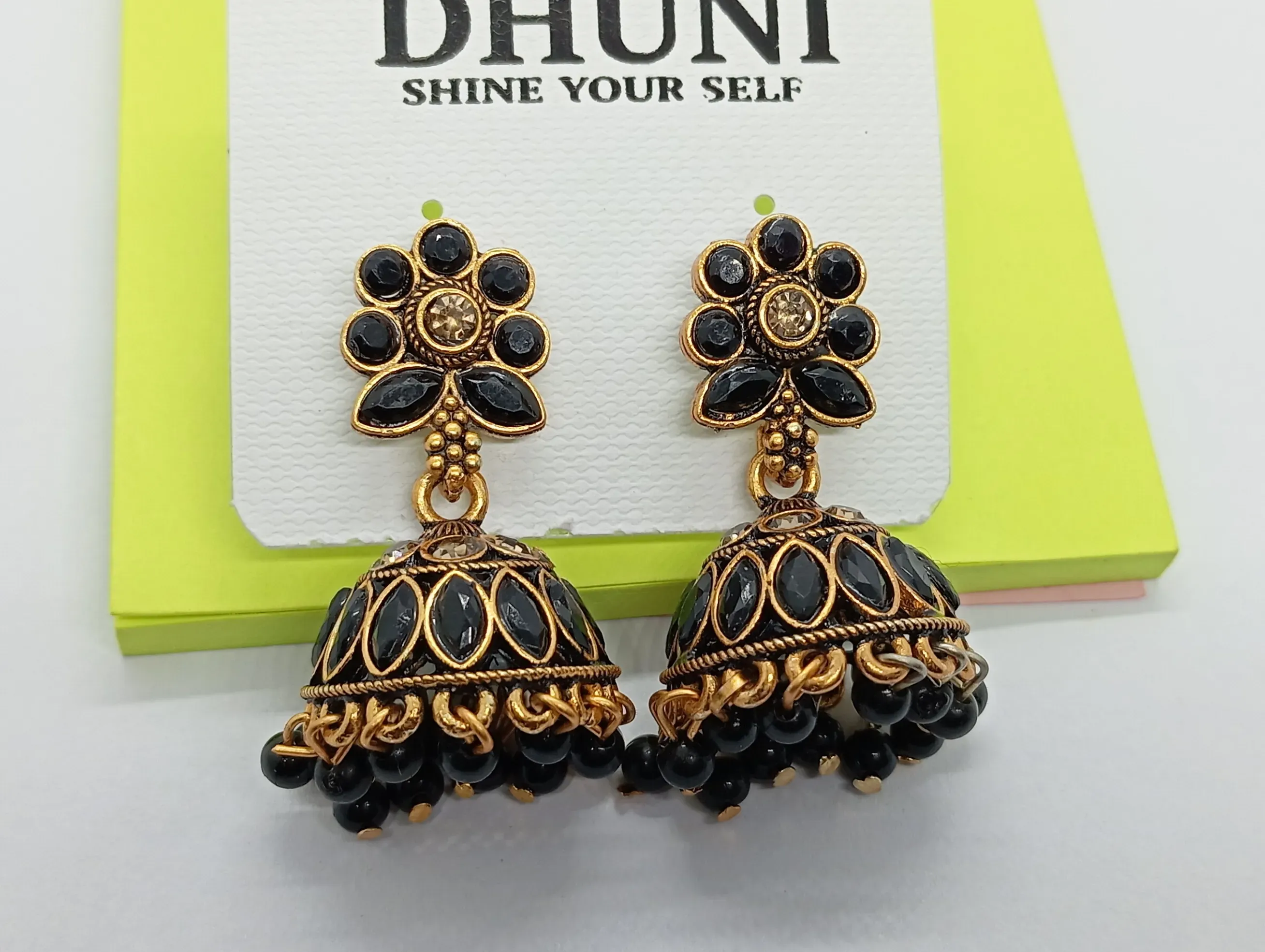 Black Floral Top Antique Gold Jhumka Earrings for Women