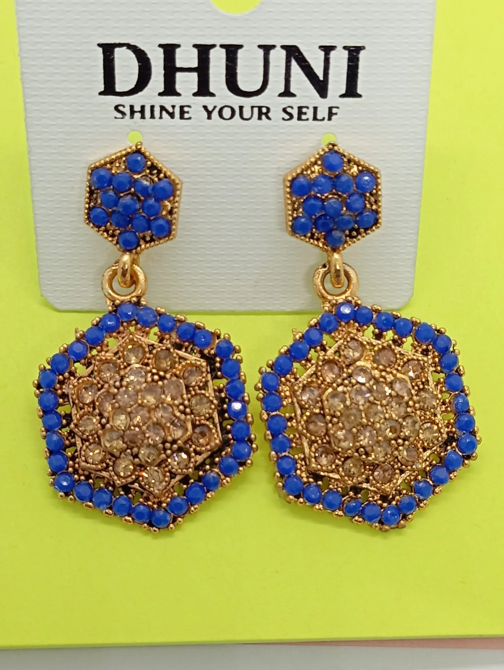 Royal Blue & Gold Hexagon Stud Earrings with Crystals for Women