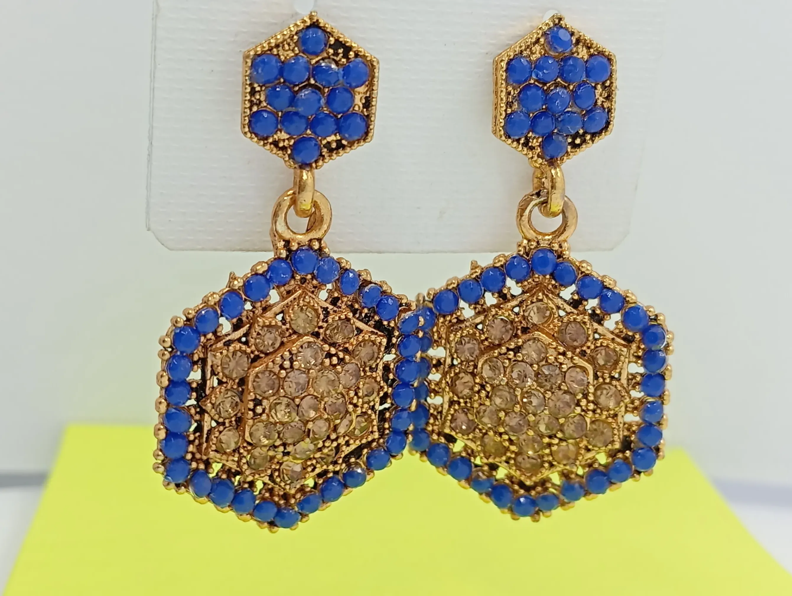 Royal Blue & Gold Hexagon Stud Earrings with Crystals for Women