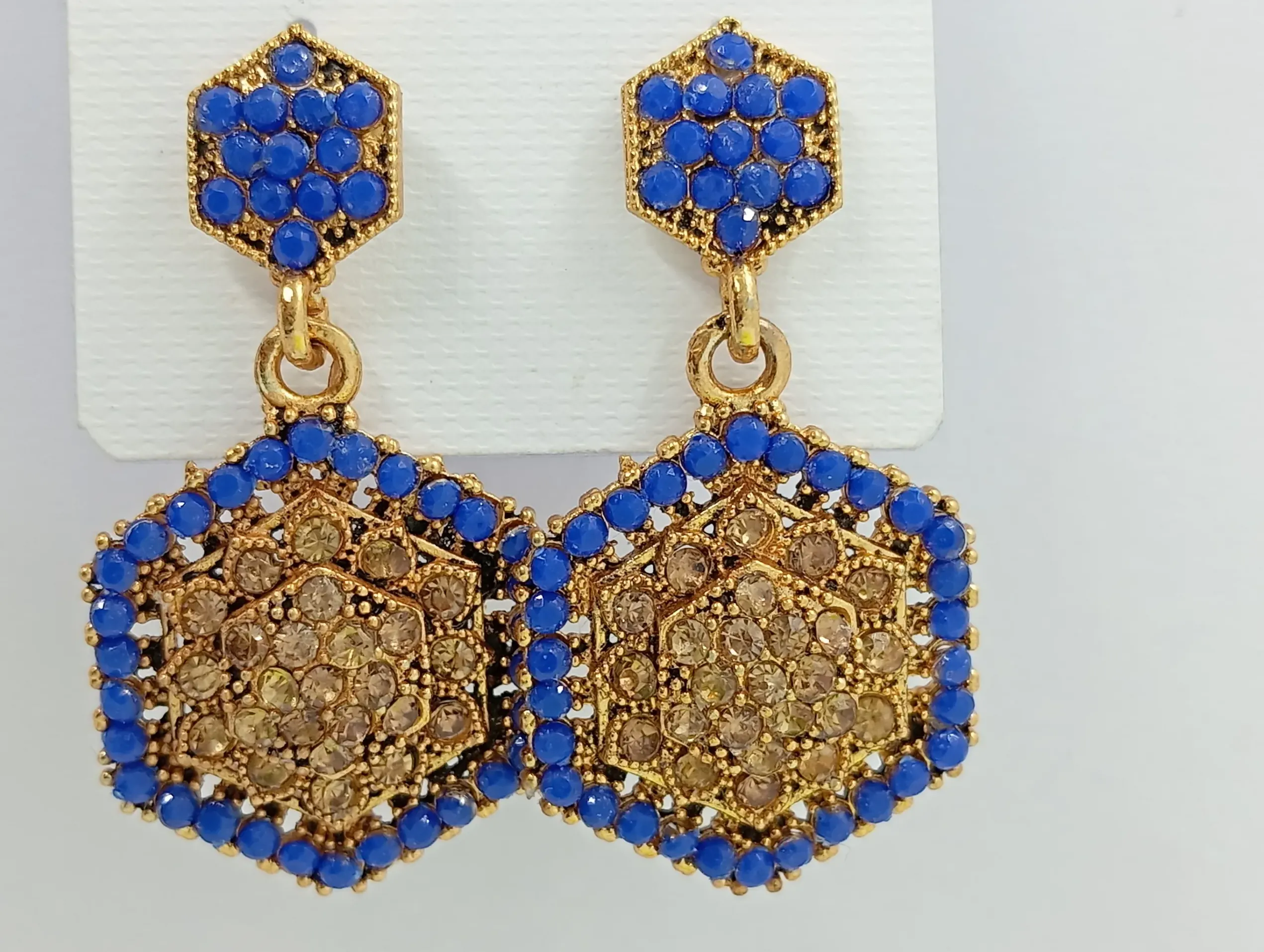 Royal Blue & Gold Hexagon Stud Earrings with Crystals for Women