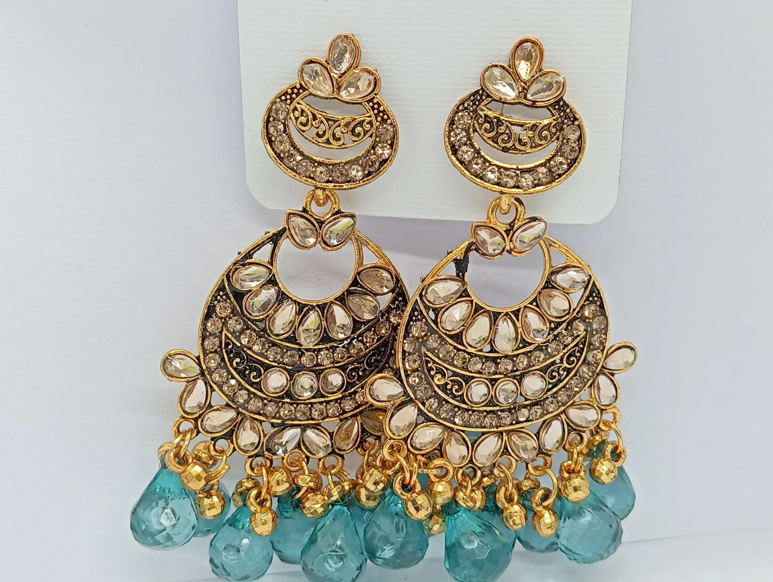 Kundan Style Gold Chandbali Earrings with Teal Blue Bead Drops for Women