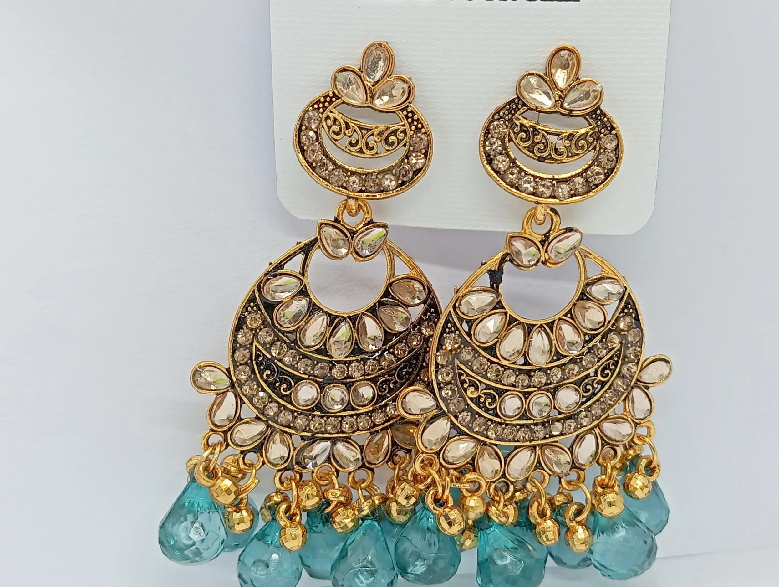Kundan Style Gold Chandbali Earrings with Teal Blue Bead Drops for Women