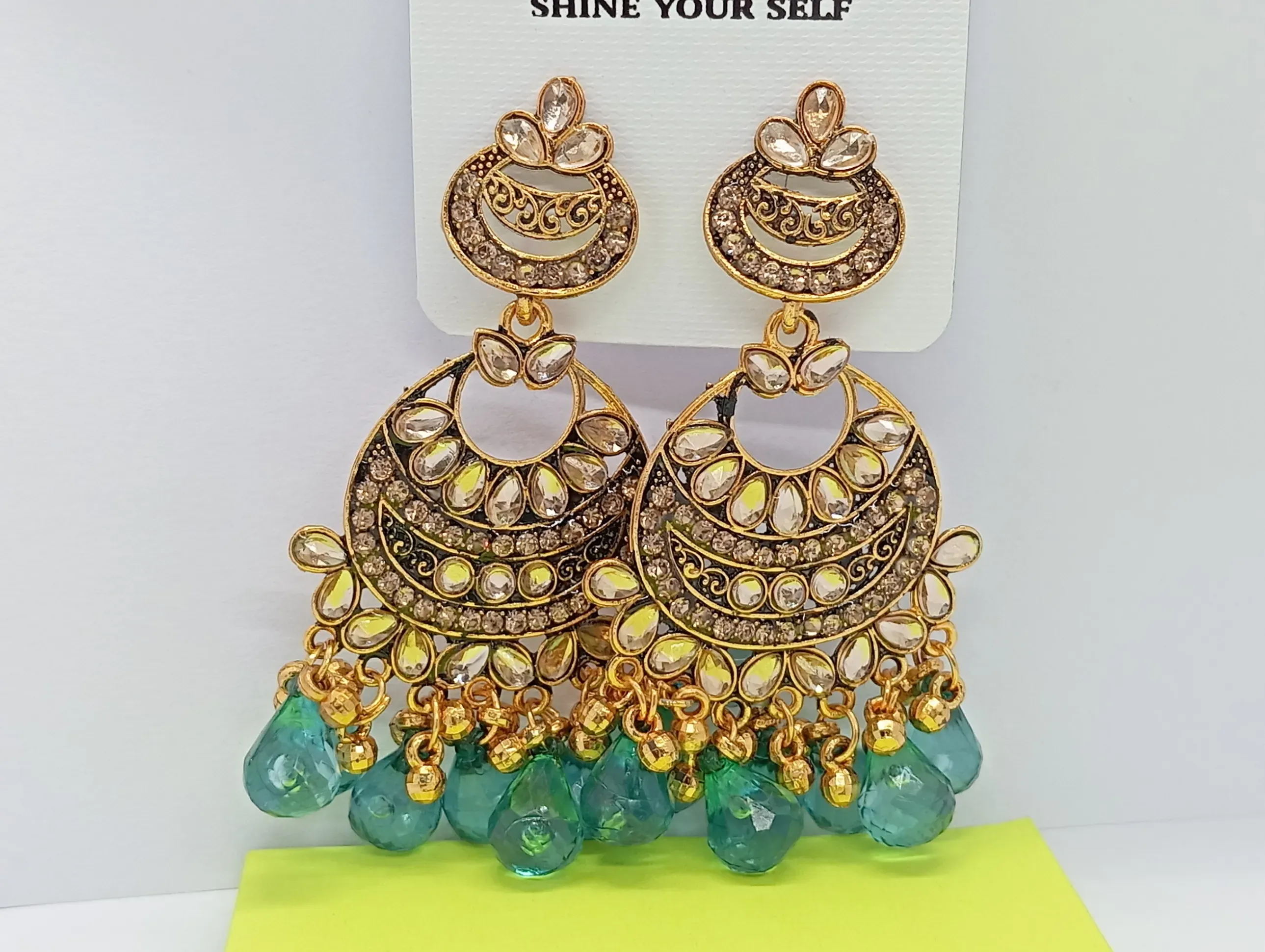 Kundan Style Gold Chandbali Earrings with Teal Blue Bead Drops for Women