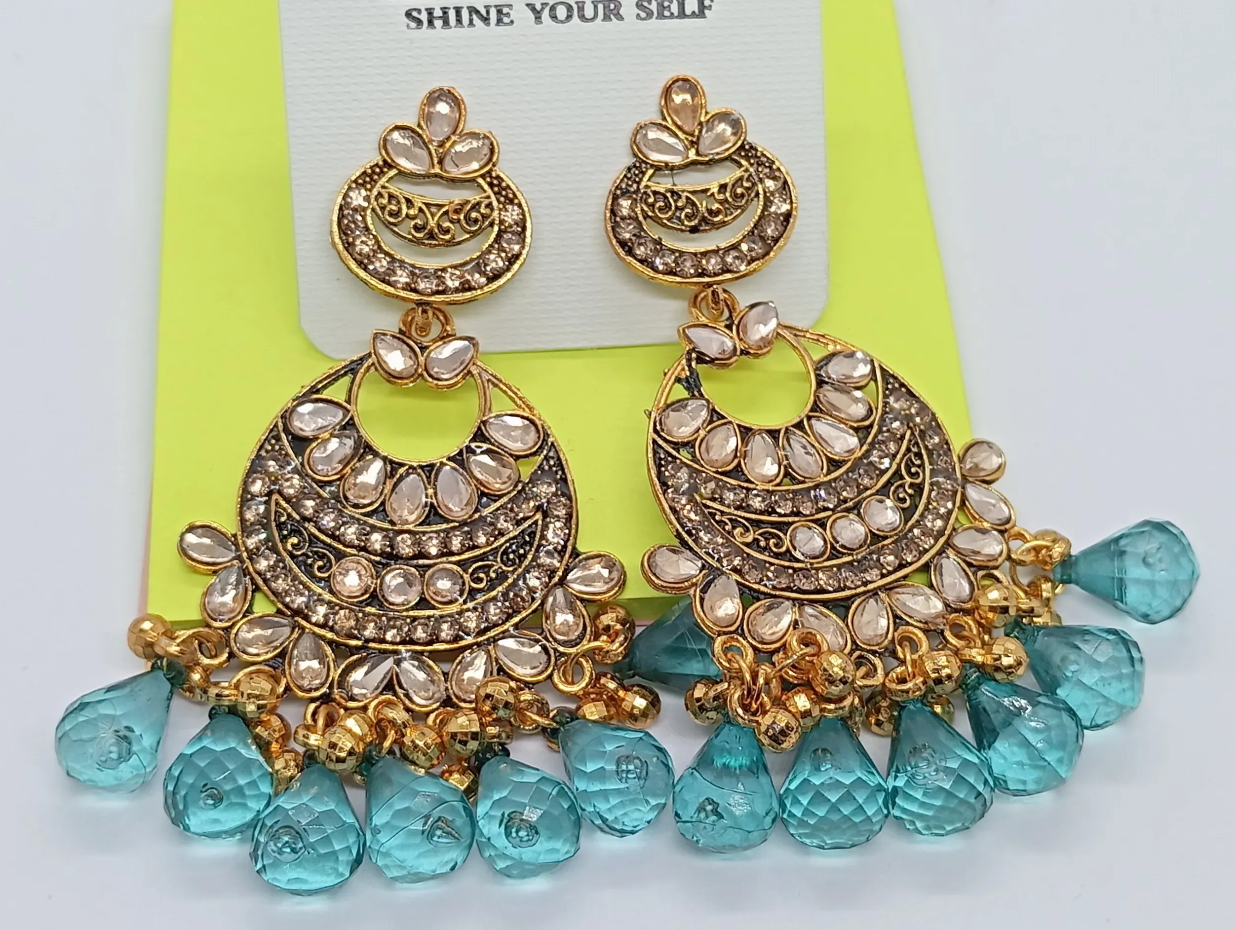 Kundan Style Gold Chandbali Earrings with Teal Blue Bead Drops for Women