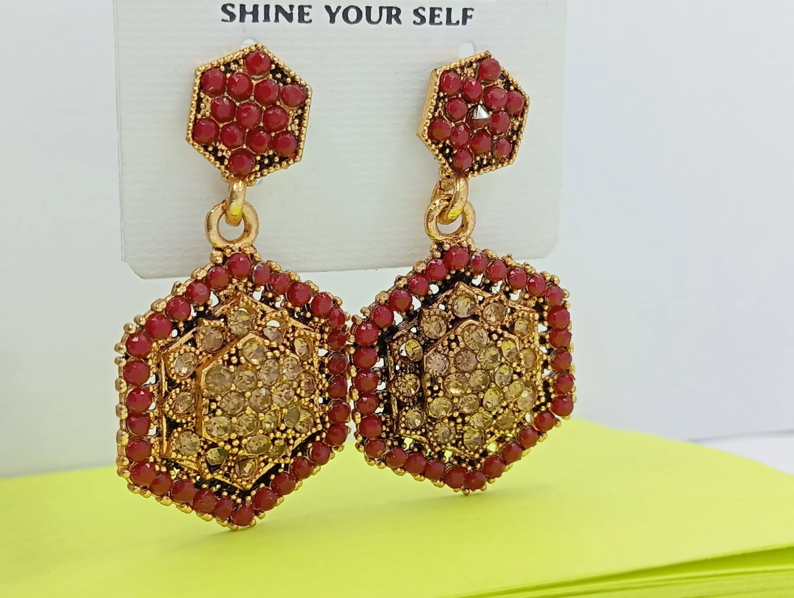 Red & Gold Hexagon Stud Earrings with Crystal Accents for Women