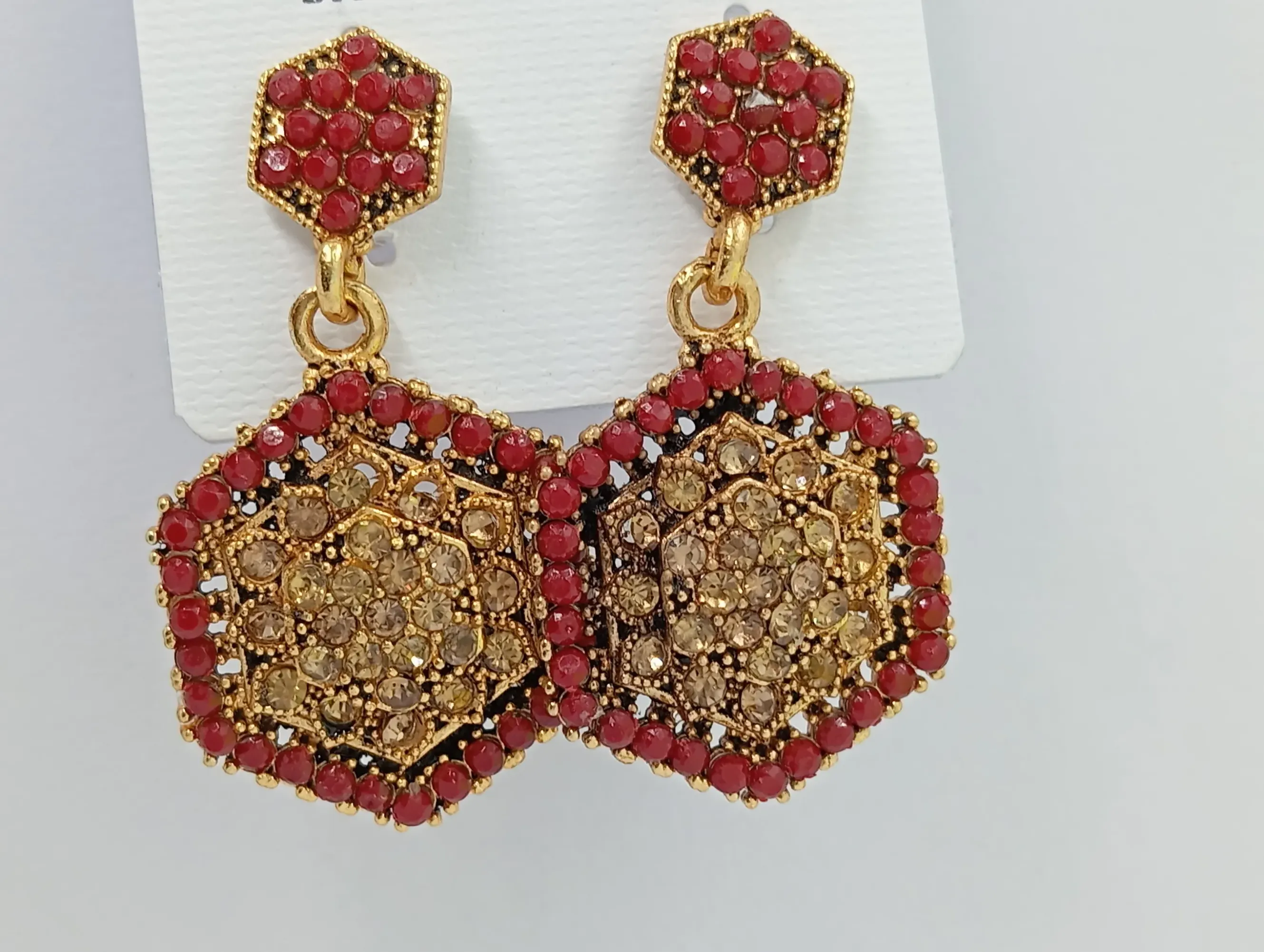 Red & Gold Hexagon Stud Earrings with Crystal Accents for Women