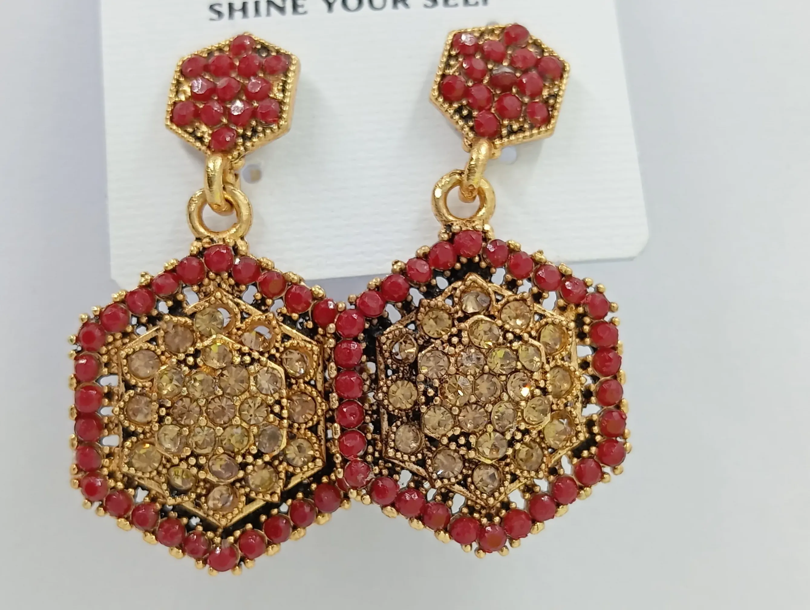 Red & Gold Hexagon Stud Earrings with Crystal Accents for Women