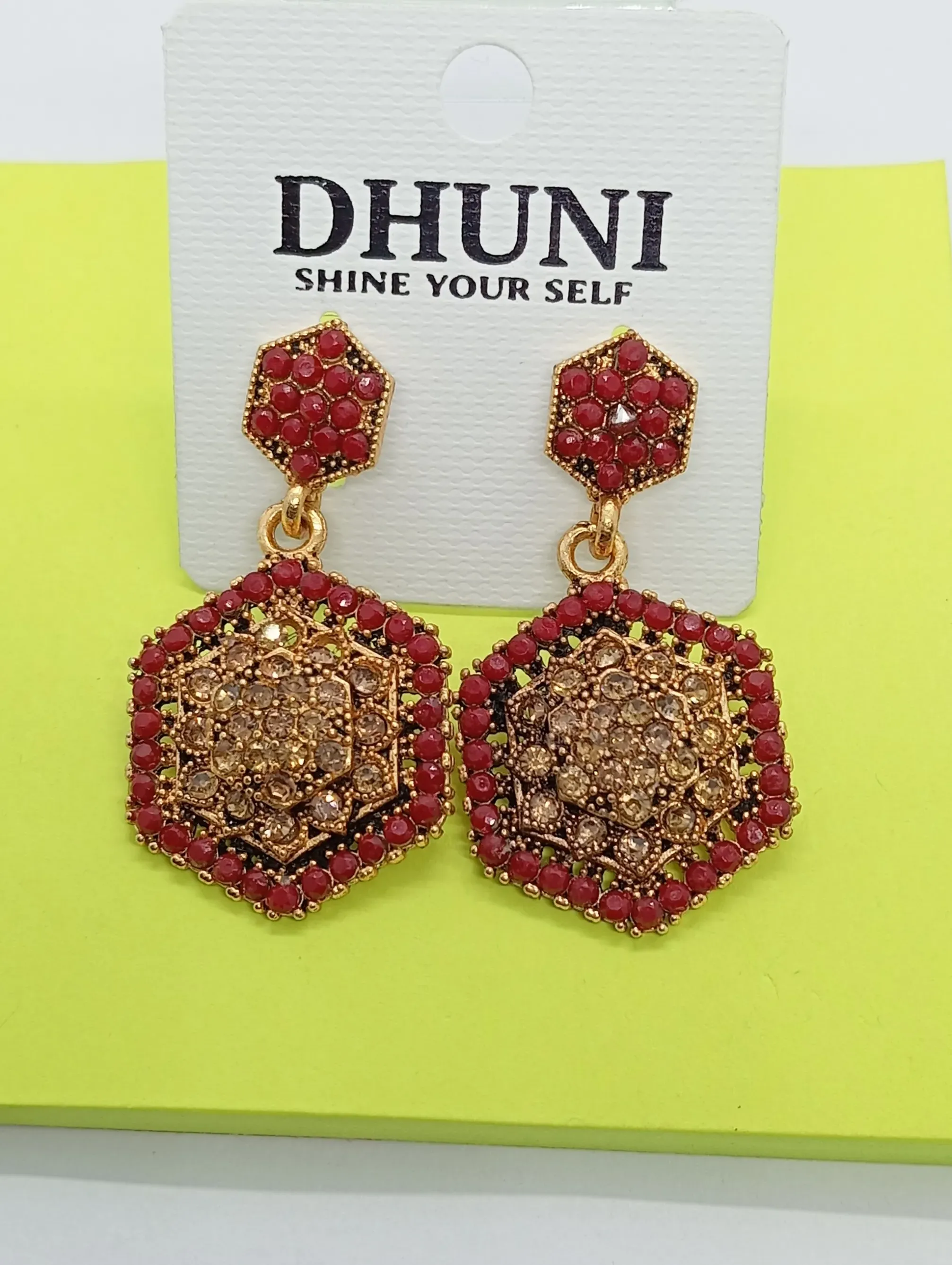 Red & Gold Hexagon Stud Earrings with Crystal Accents for Women