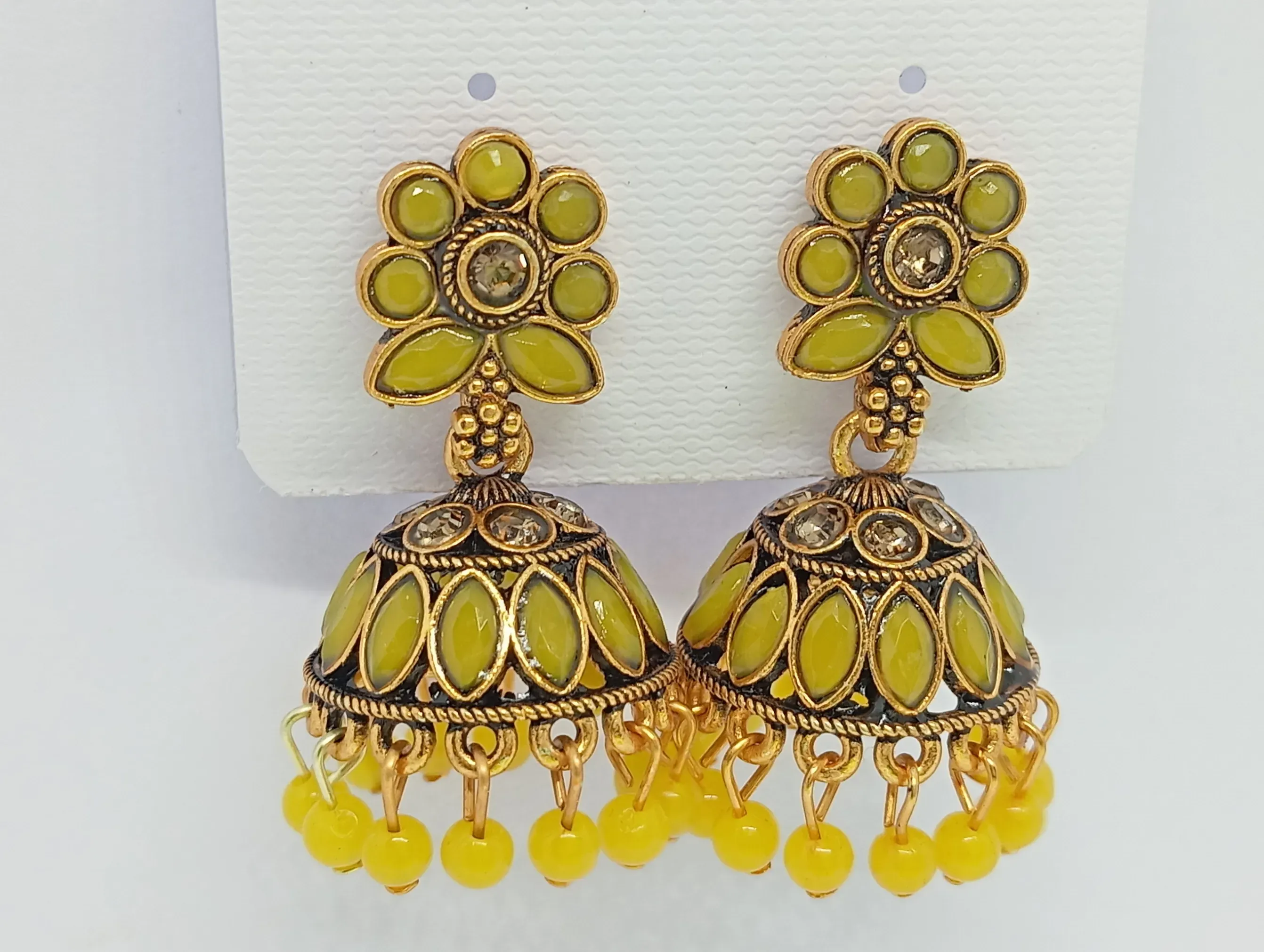 Yellow Floral Top Antique Gold Jhumka Earrings with Bead Drops