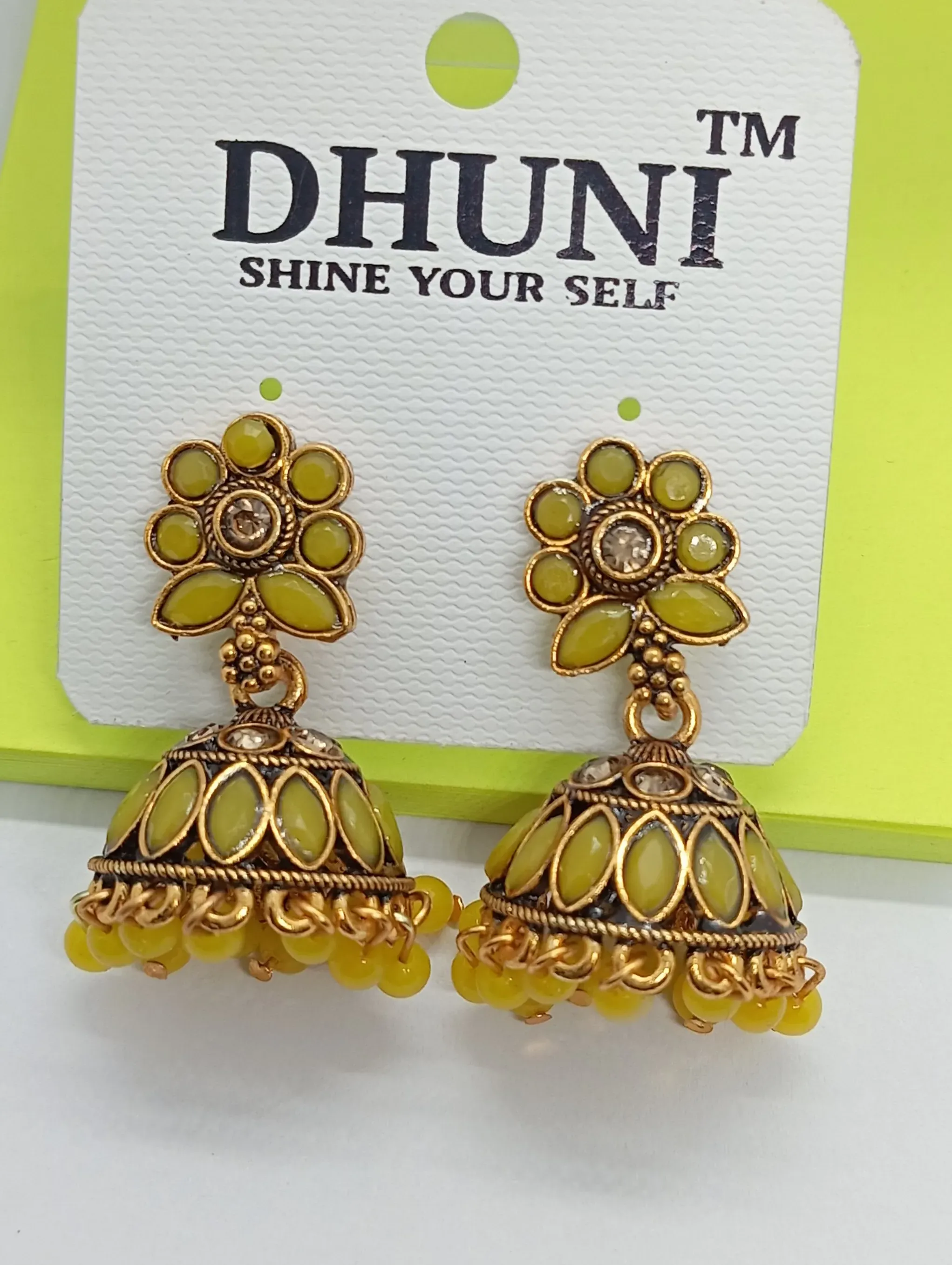  Yellow Floral Top Antique Gold Jhumka Earrings with Bead Drops