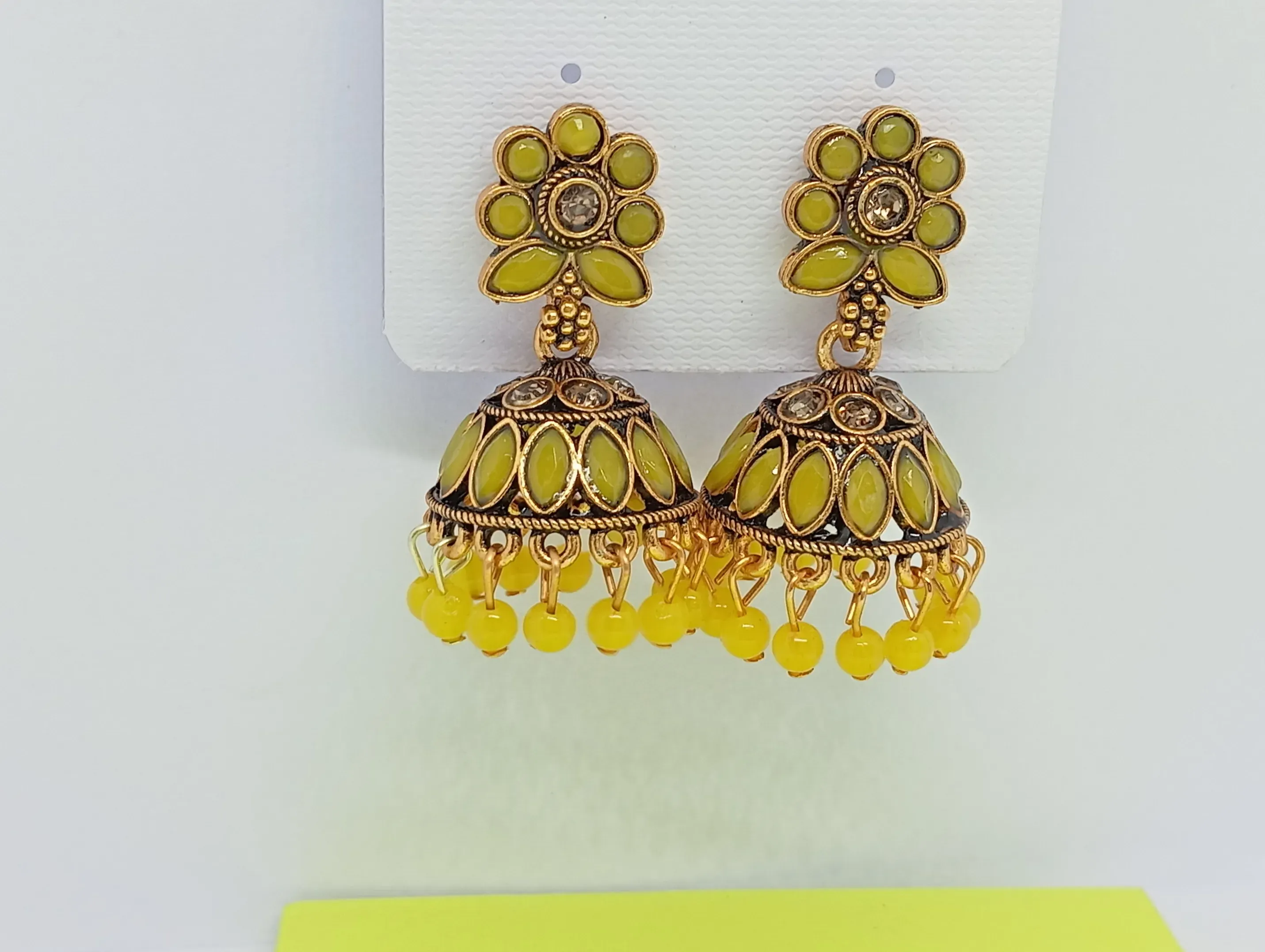  Yellow Floral Top Antique Gold Jhumka Earrings with Bead Drops