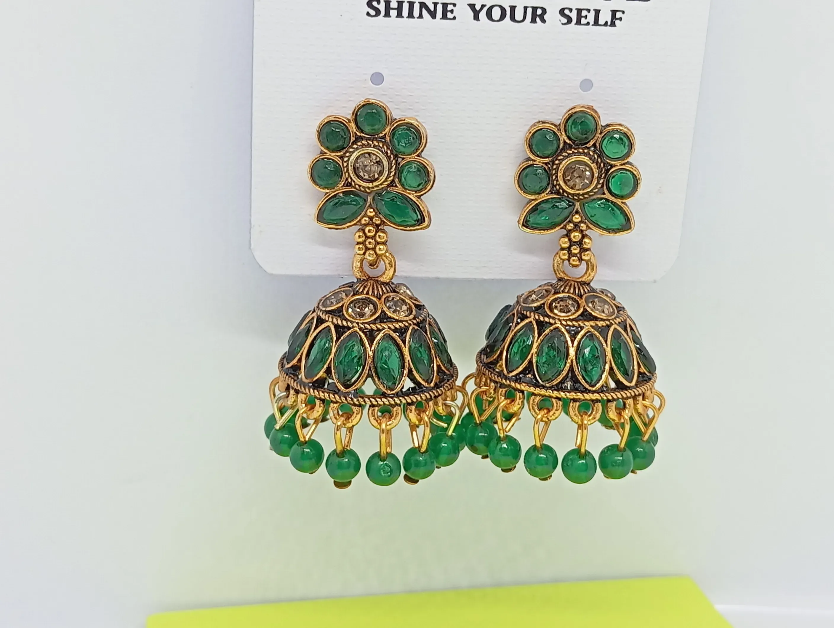  Green Floral Top Antique Gold Jhumka Earrings with Bead Drops