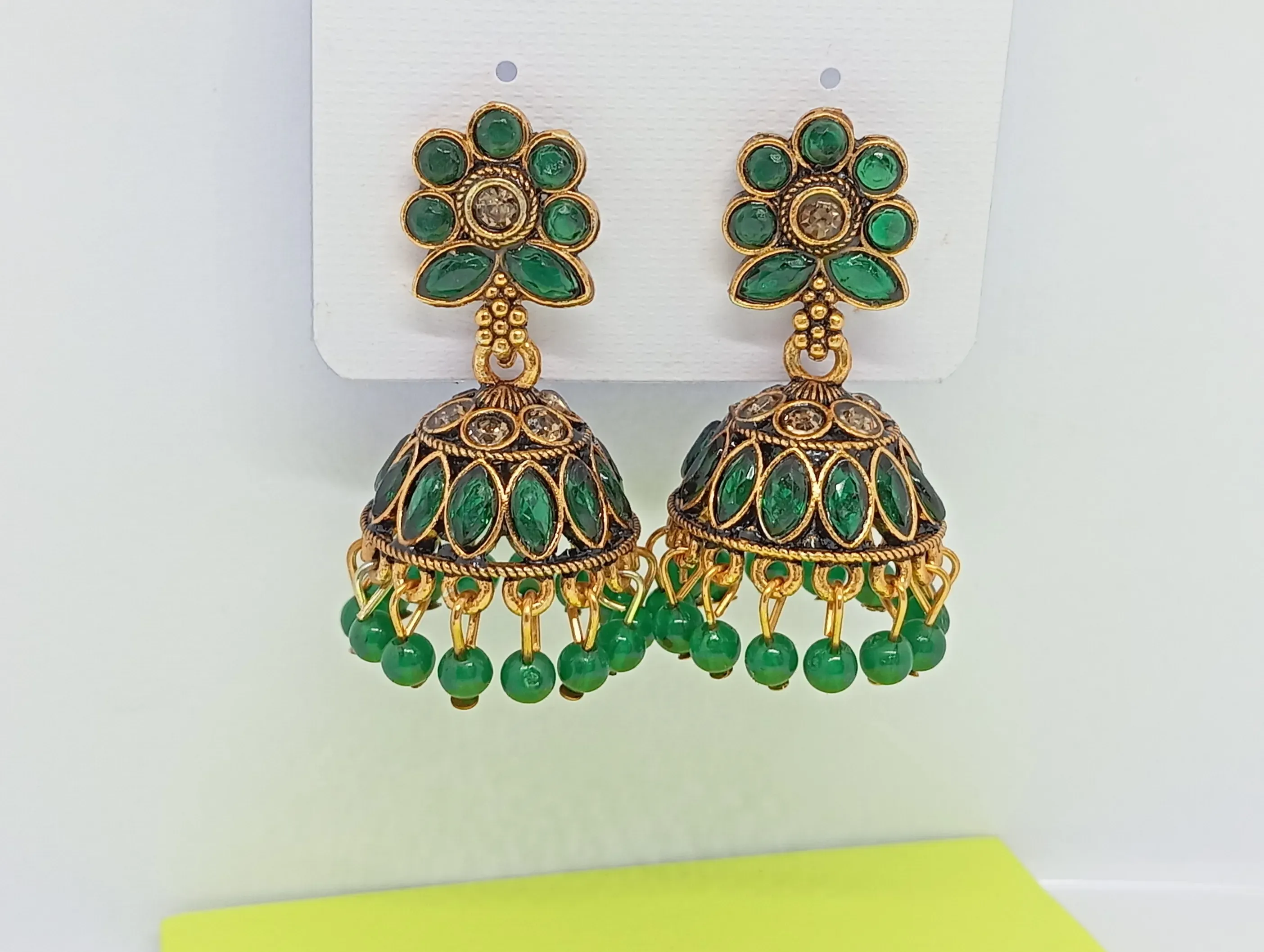  Green Floral Top Antique Gold Jhumka Earrings with Bead Drops