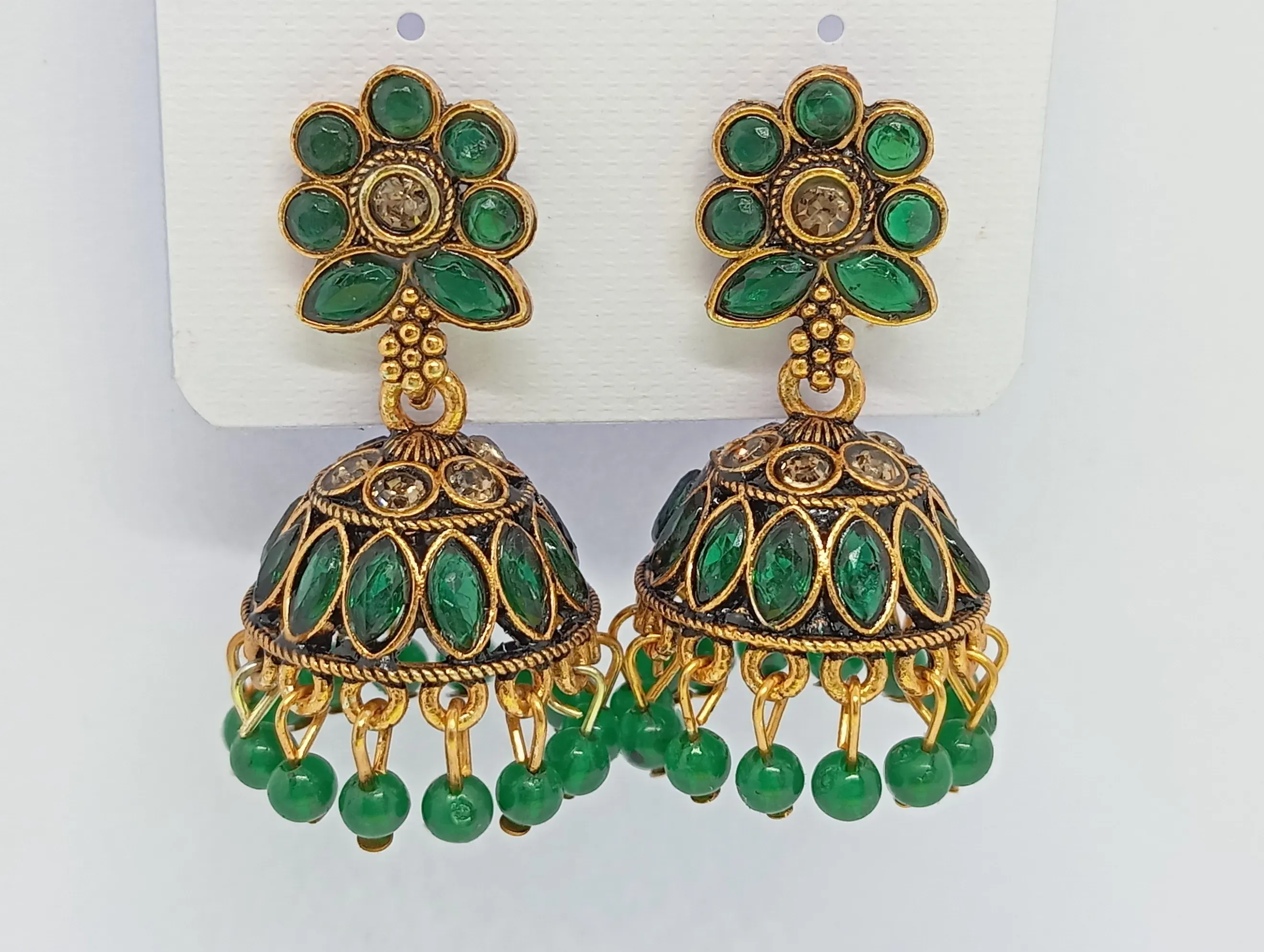  Green Floral Top Antique Gold Jhumka Earrings with Bead Drops