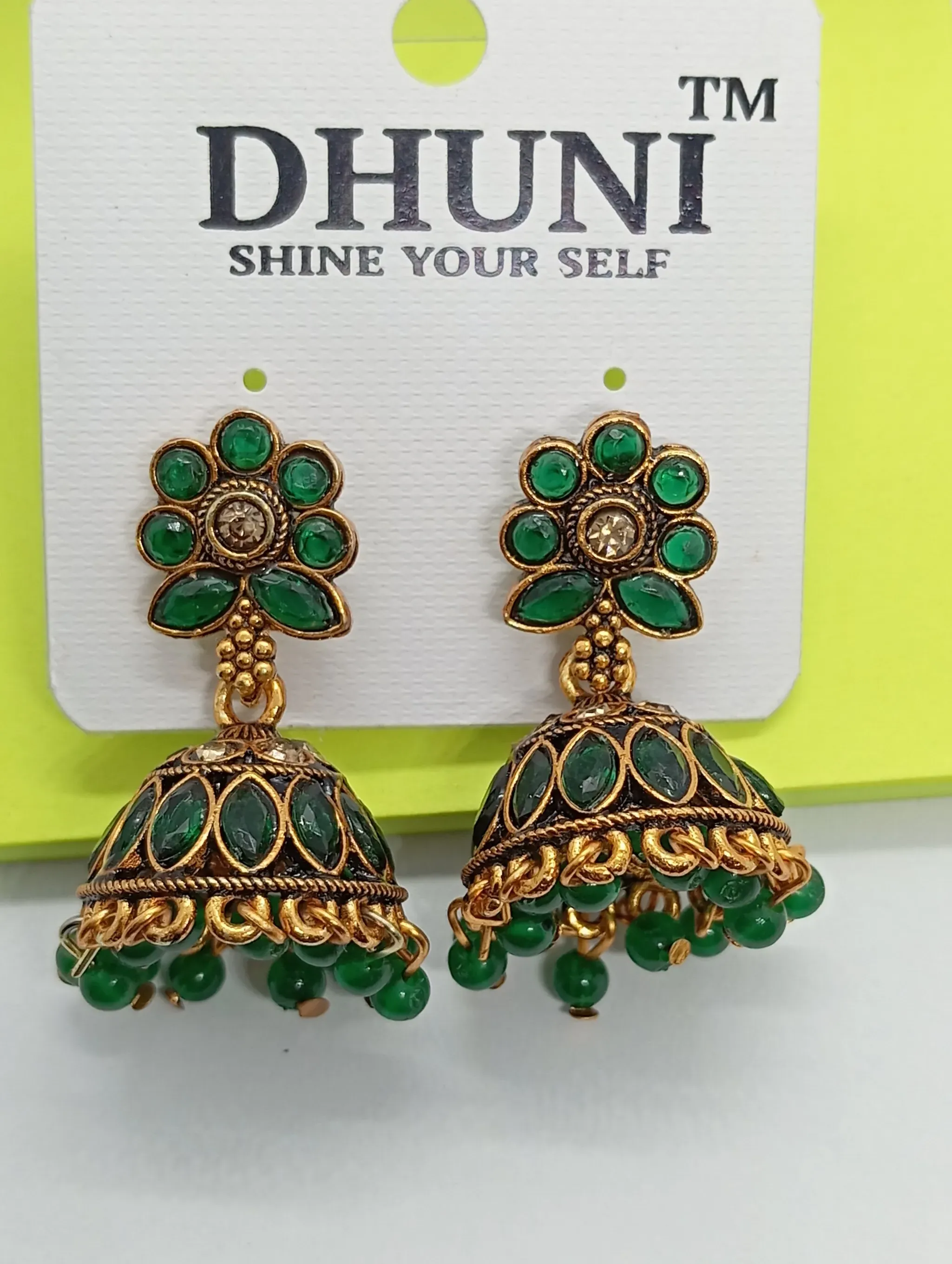  Green Floral Top Antique Gold Jhumka Earrings with Bead Drops