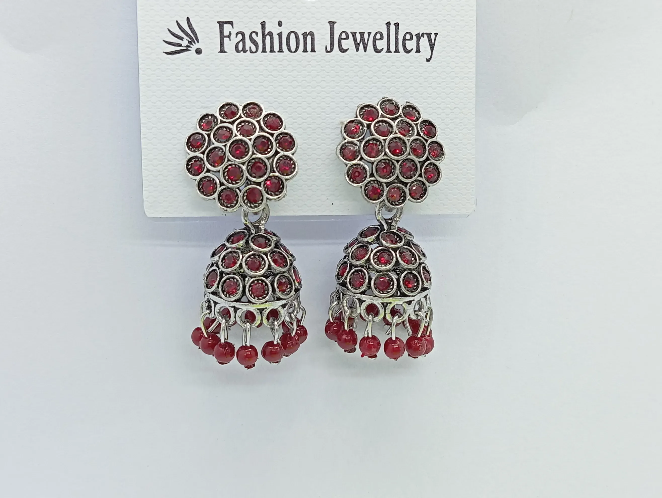 Red Stone Silver Jhumka Earrings with Studded Floral Top