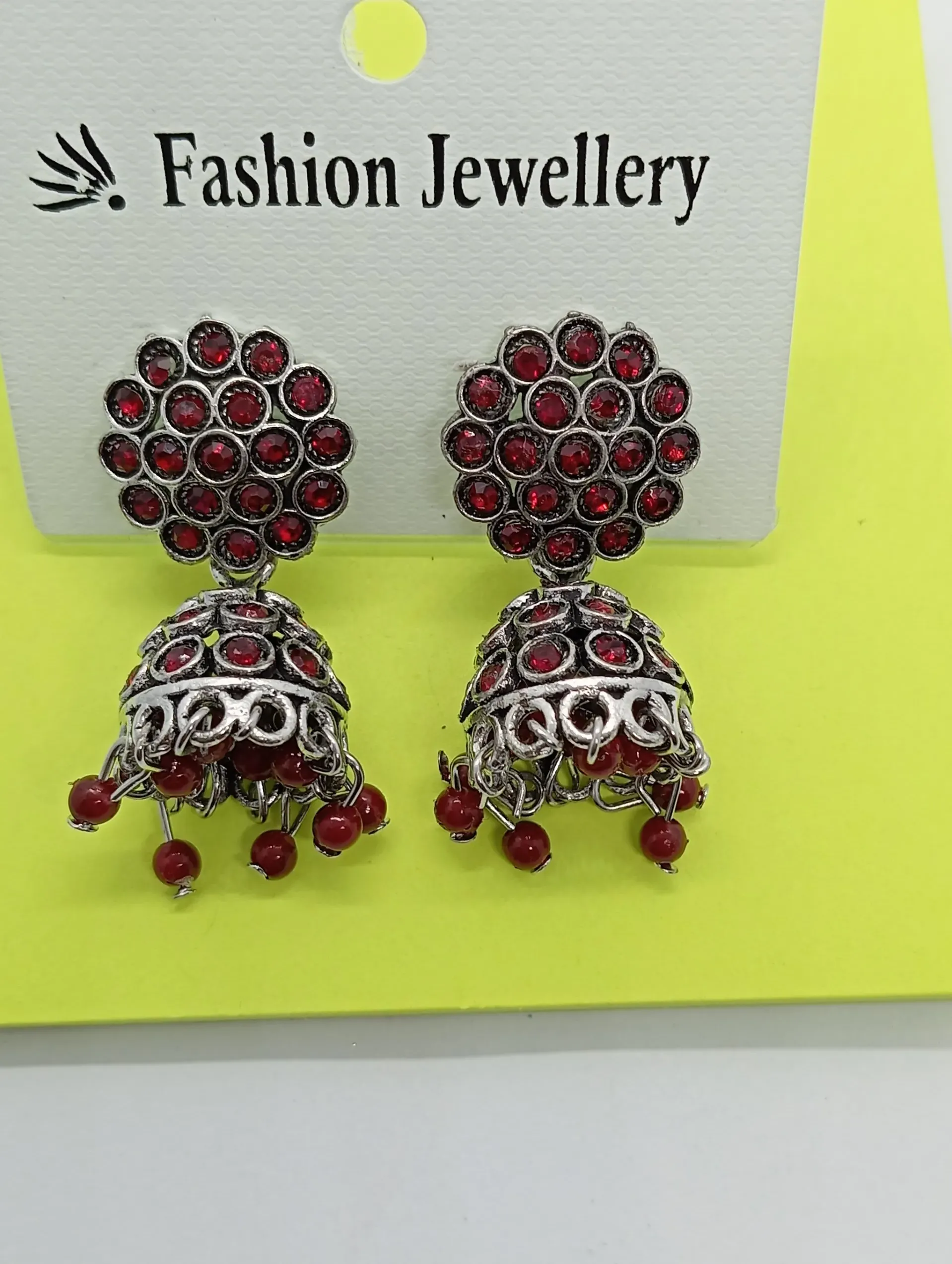 Red Stone Silver Jhumka Earrings with Studded Floral Top