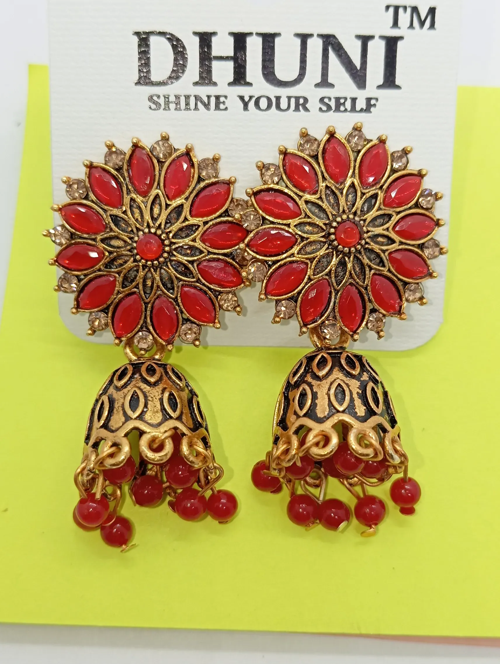 DHUNI Red Floral Jhumka Earrings | Antique Gold Finish with Red Beads | Traditional Ethnic Jewelry for Women