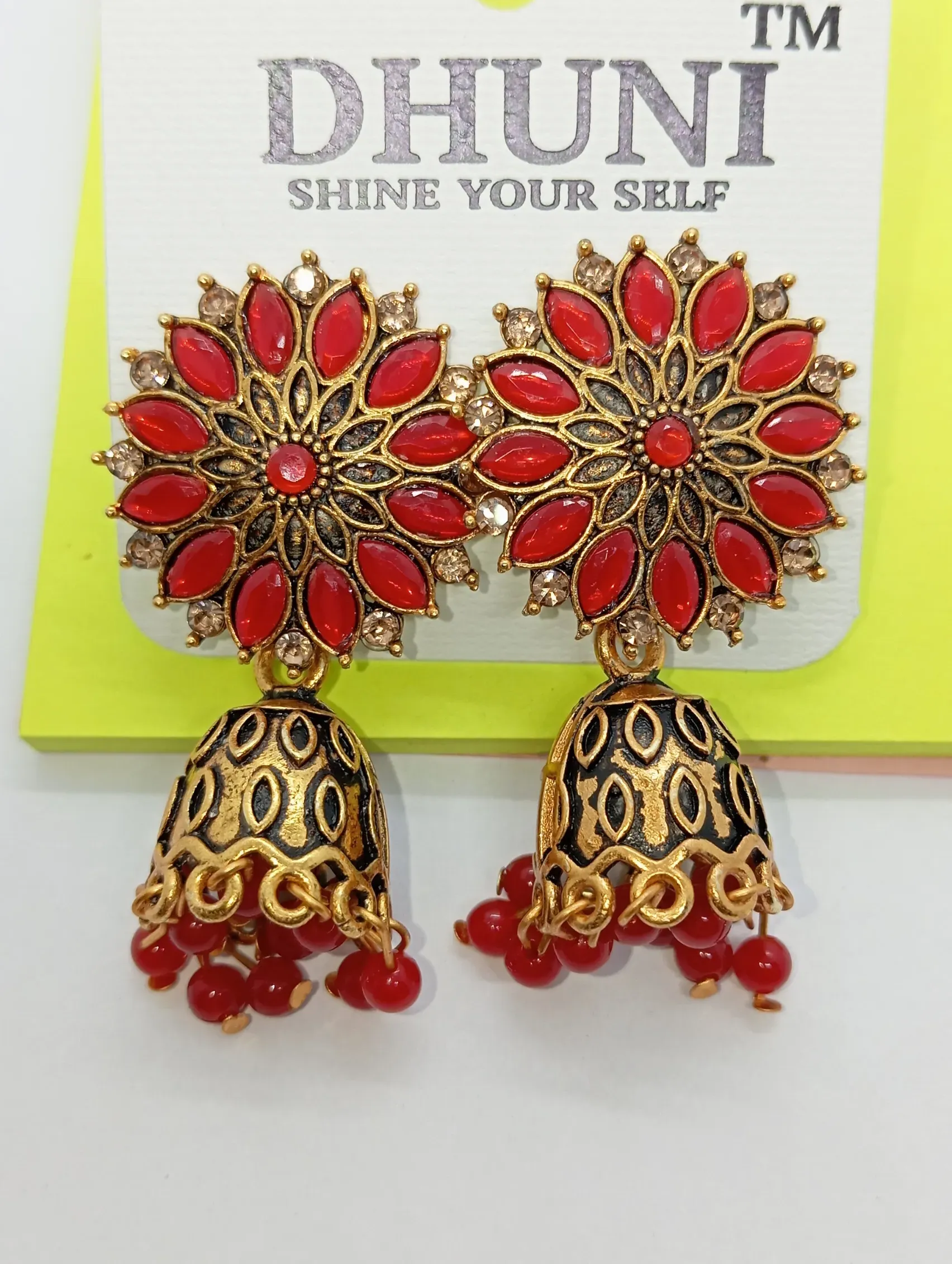 DHUNI Red Floral Jhumka Earrings | Antique Gold Finish with Red Beads | Traditional Ethnic Jewelry for Women